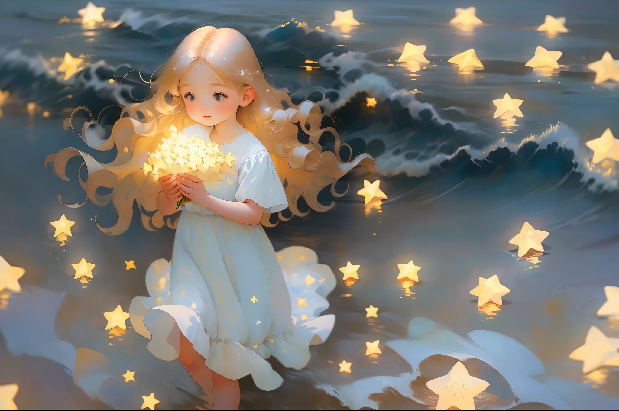 (((masterpiece: 1.2, actual: 1.37, ultra high resolution))), Female model, White skin, Long curly hair,  在Ocean边, wearing a light blue dress，Rose petals everywhere, high contrast, Dynamic, soft focus, night, Star, starry sky, Ocean,high quality，best quality，((No three feet)),((no six fingers))