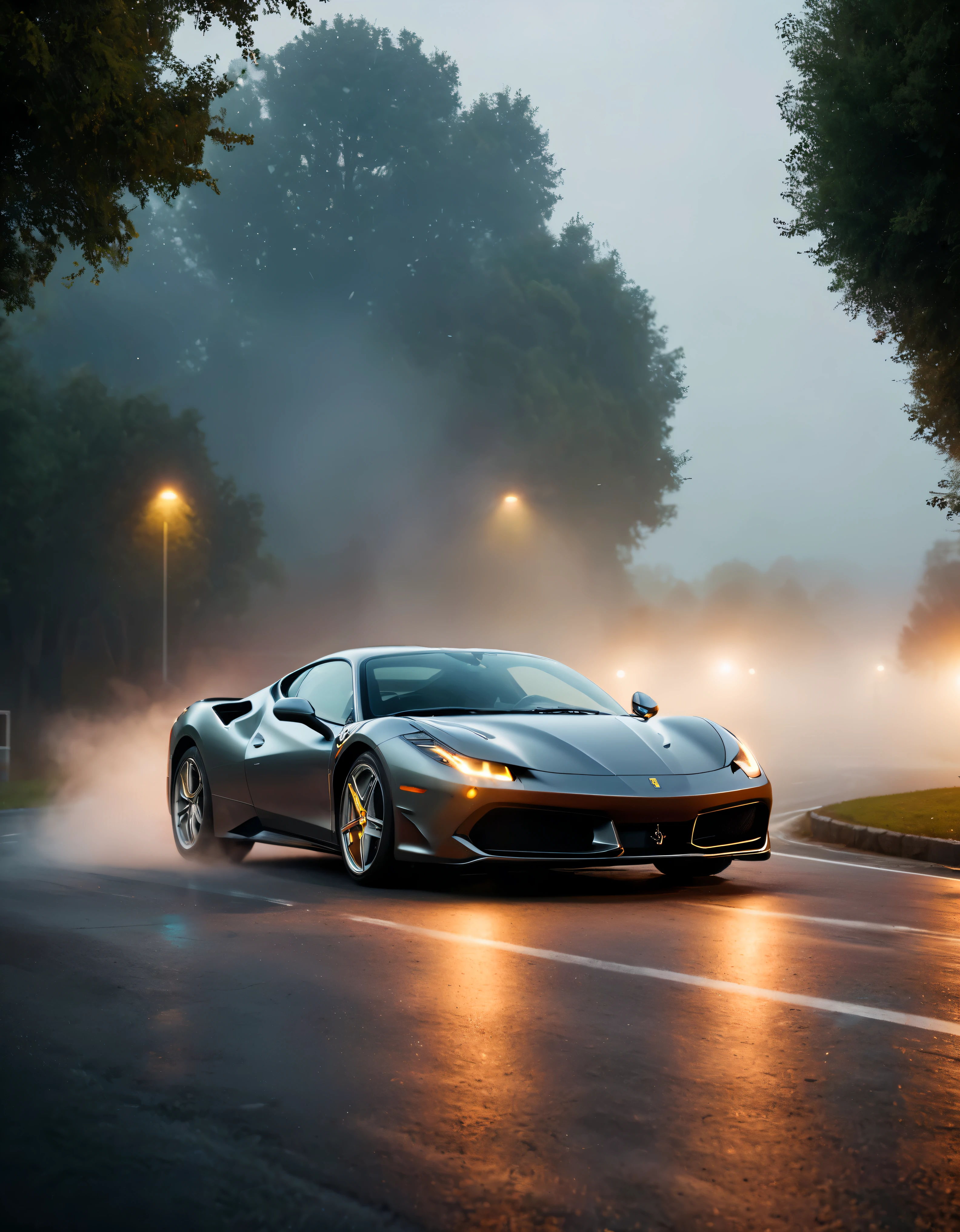 ((Masterpiece in maximum 16K resolution):1.6),((soft_color_photograpy:)1.5), ((Ultra-Detailed):1.4),((Movie-like still images and dynamic angles):1.3). | (Cinematic photo of an speeding Ferrarri Roma), (cinematic lens), ((tyndall effect):1.1), (fog), (mist), (super car), (fog light), (sense of speed), (Dawn at Autobahn), (shimmer), (visual experience), (Realism), (Realistic), award-winning graphics, dark shot, film grain, extremely detailed, Digital Art, rtx, Unreal Engine, scene concept anti glare effect, All captured with sharp focus.