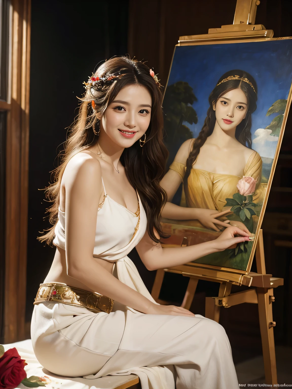 Giorgione painting style,roses in vase、fruits、Cute trinkets、smile、ancient greek costume、Clothes that stretch your shoulders、A big smile、beautiful bare skin,Female painter painting oil in her studio