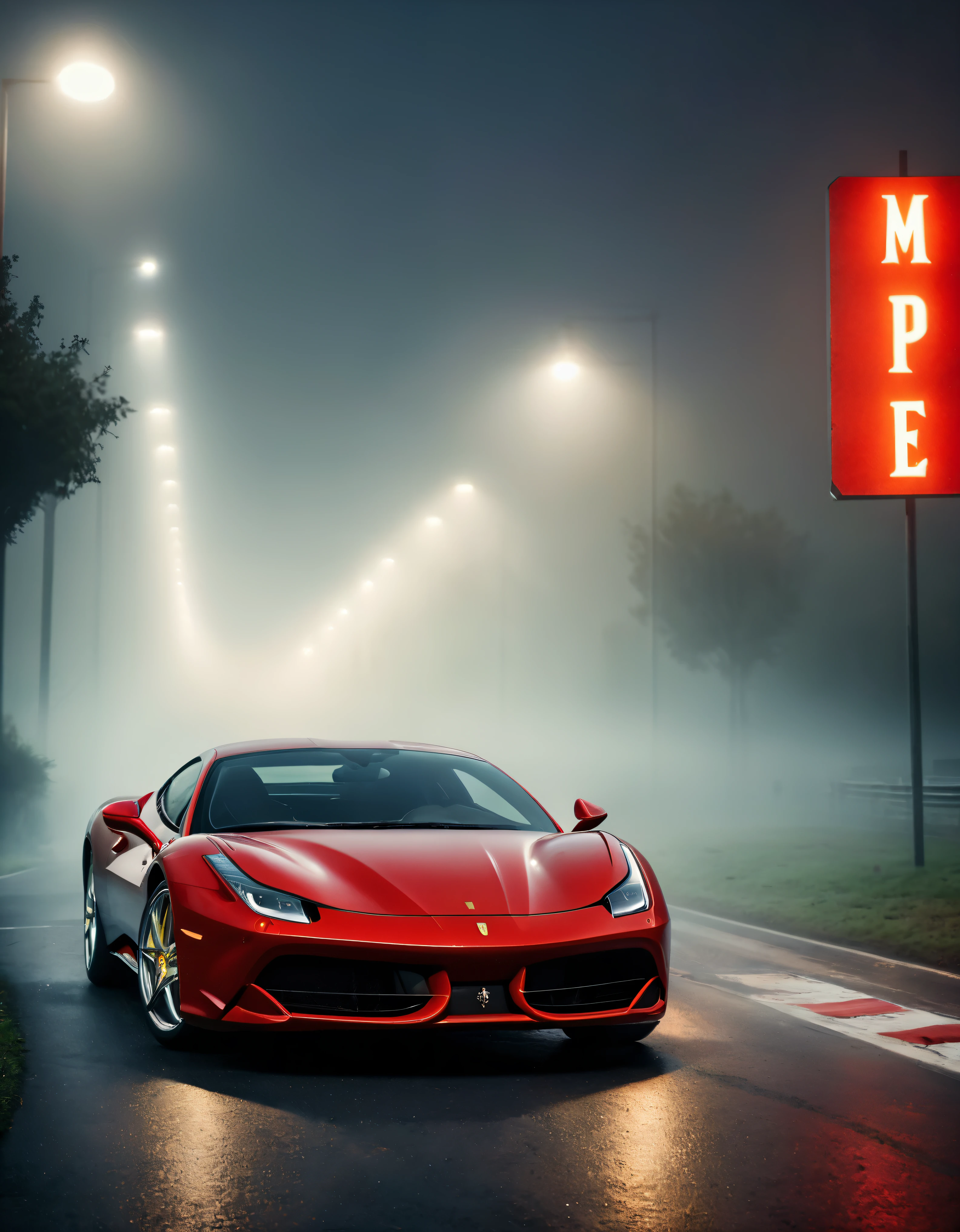 ((Masterpiece in maximum 16K resolution):1.6),((soft_color_photograpy:)1.5), ((Ultra-Detailed):1.4),((Movie-like still images and dynamic angles):1.3). | (Cinematic photo of an speeding Ferrarri Roma), (cinematic lens), ((tyndall effect):1.1), (fog), (mist), (super car), (fog light), (sense of speed), (Dawn at Autobahn), (shimmer), (visual experience), (Realism), (Realistic), award-winning graphics, dark shot, film grain, extremely detailed, Digital Art, rtx, Unreal Engine, scene concept anti glare effect, All captured with sharp focus.