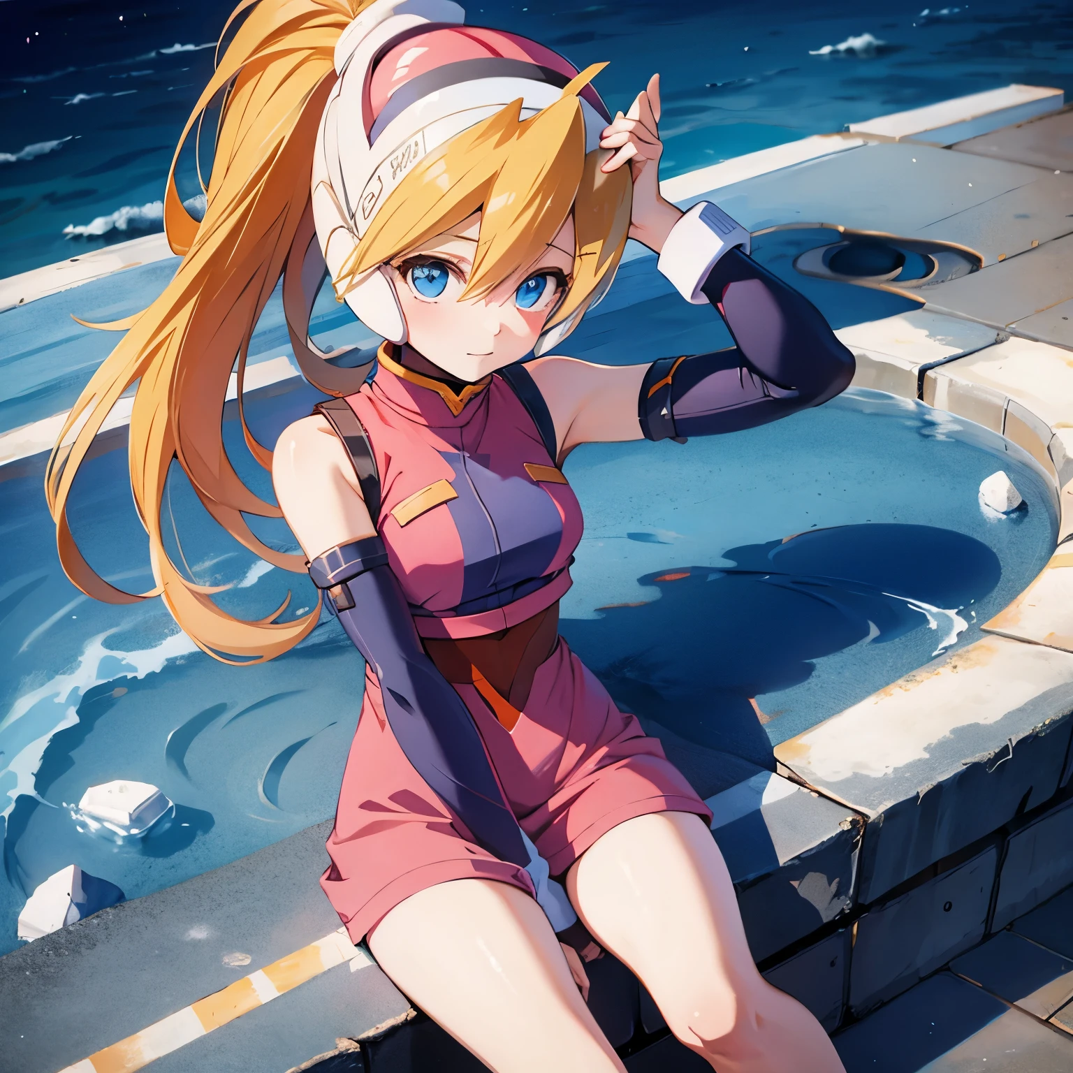 ciel_megamanz, 1girl, solo, long hair, blue eyes, blonde hair, ponytail, headgear, masterpiece, high quality, overlooking the ocean on the edge of a rock, in the style of avian-themed, realistic yet stylized, villagecore, azure, orange and azure, dragoncore, aerial view