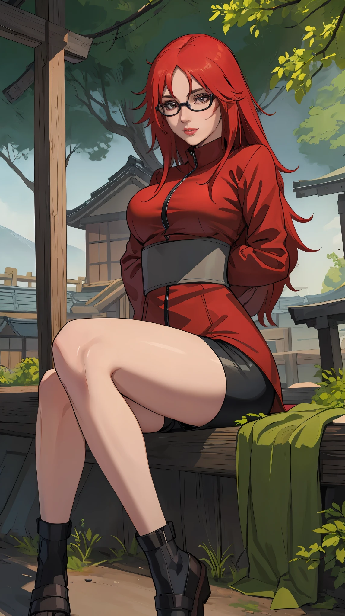 (masterpiece:1.2, best quality:1.2, beautiful, high quality, highres:1.1), detailed, extremely detailed 4K, perfect eyes, perfect face, perfect lighting, (1girl, solo, adult female, mature female), thin, lithe body, 
karin, long red hair, red eyes, glasses, (big breasts), sitting
(red shirt), black bike shorts, black stockings, combat gloves, red ey color, cute looking, embarrassed 
(outside, trees, japanese village background:1.2), closed clothes, closed zipper shirt, ((((sensual seductive, busty)))),  high quality, 