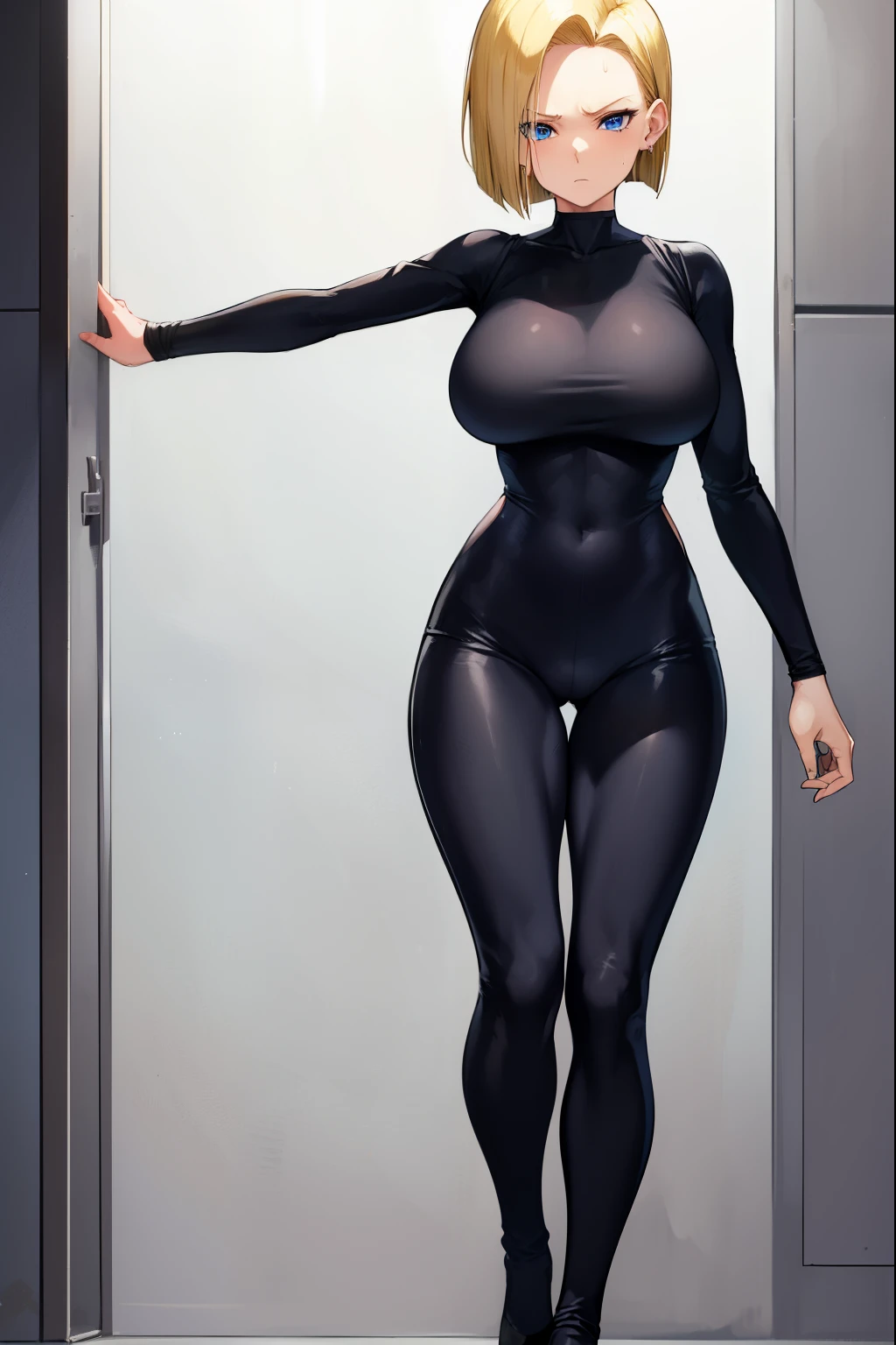 highest quality, High resolution, full body,AND18, 1 girl, android 18, alone, golden hair, blue eyes, short hair,earrings,big breasts, frown,troubled face, Sweat,1 girl, Black tight suit, streak,looking at the viewer,