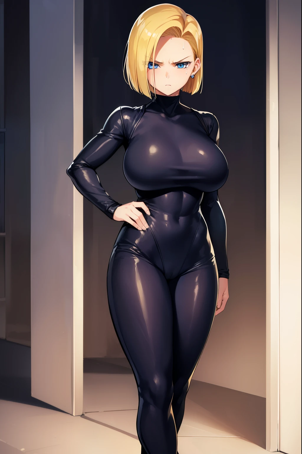 highest quality, High resolution, full body,AND18, 1 girl, android 18, alone, golden hair, blue eyes, short hair,earrings,big breasts, frown,troubled face, Sweat,1 girl, Black tight suit, streak,looking at the viewer,