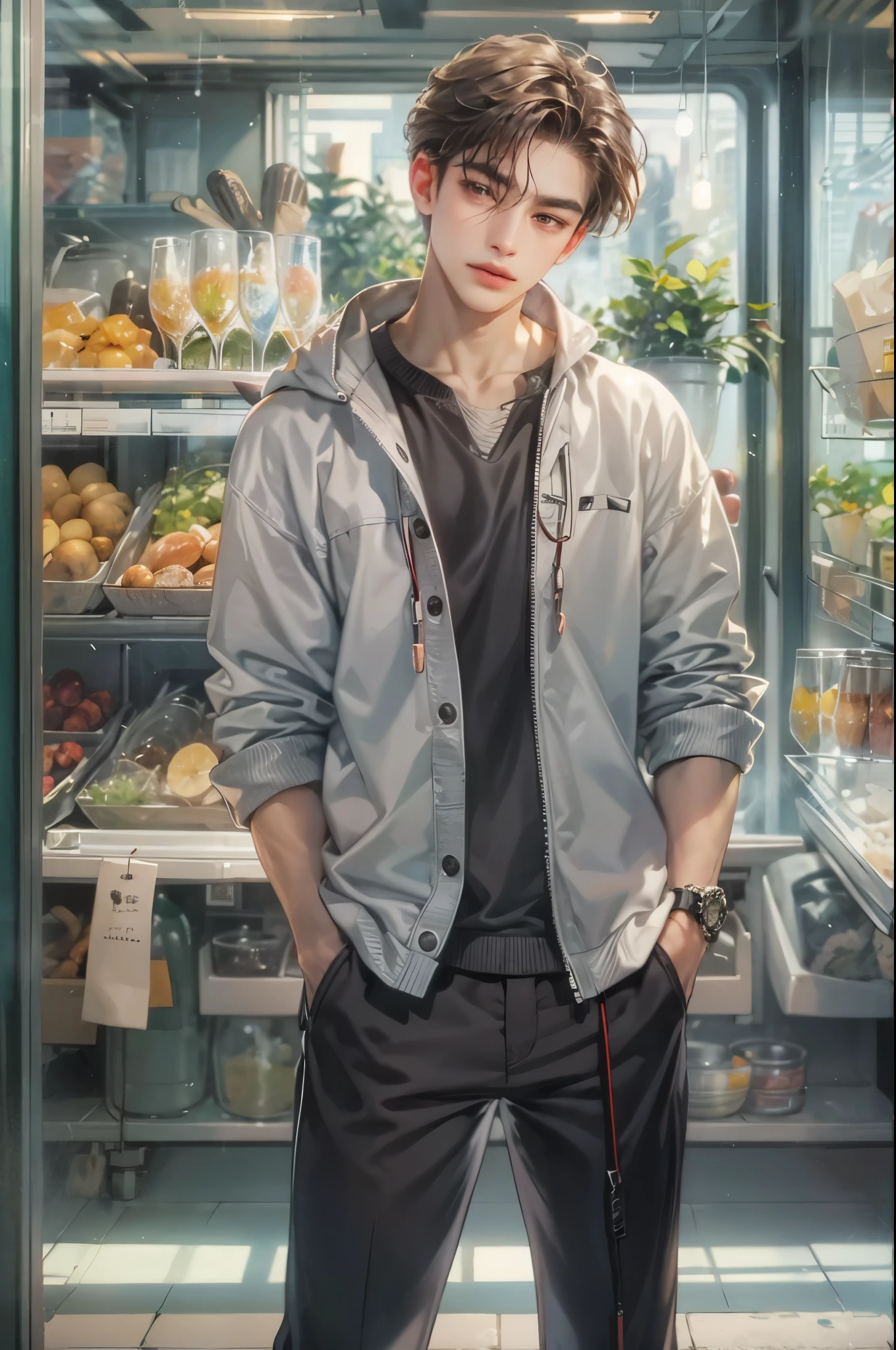 ((Best quality)), ((masterpiece)), (detailed), ((perfect face)), ((halfbody)) handsome face, male,  boy,  perfect proportions , an artwork created by nardack, casual outfit, detailed market interior scenery background 