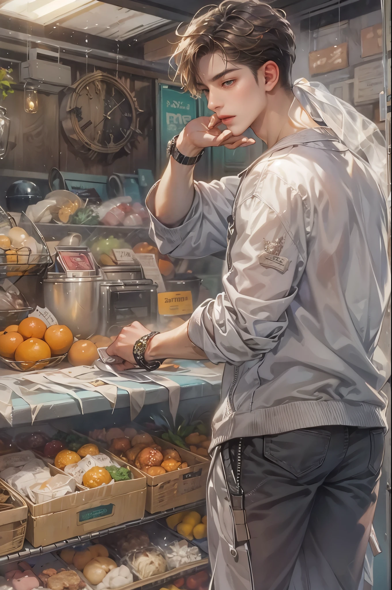 ((Best quality)), ((masterpiece)), (detailed), ((perfect face)), ((halfbody)) handsome face, male, boy, perfect proportions , an artwork created by nardack, casual outfit, detailed market interior scenery background