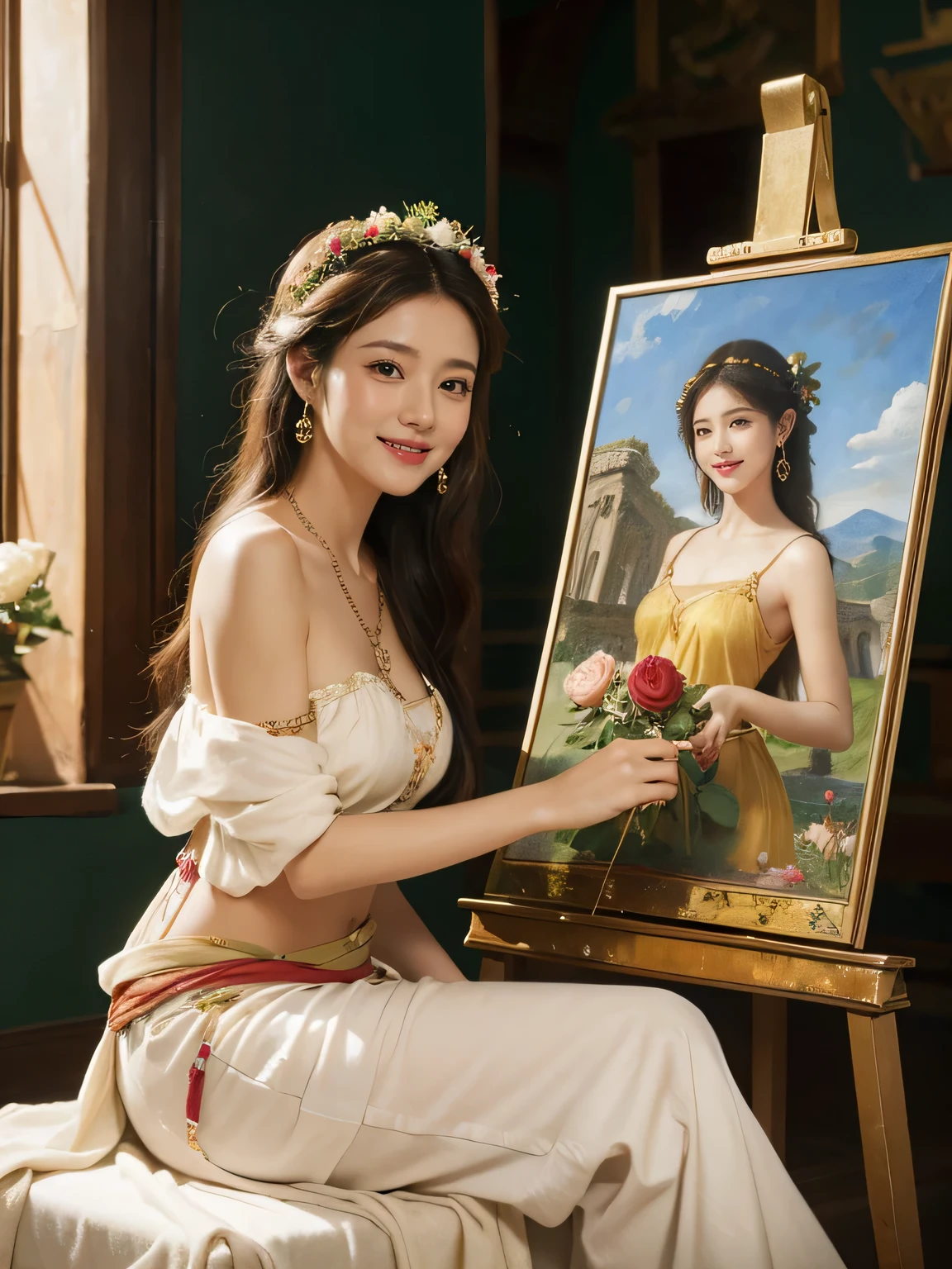 Giorgione painting style,roses in vase、fruits、Cute trinkets、smile、ancient greek costume、Clothes that stretch your shoulders、A big smile、beautiful bare skin,Female painter painting oil in her studio