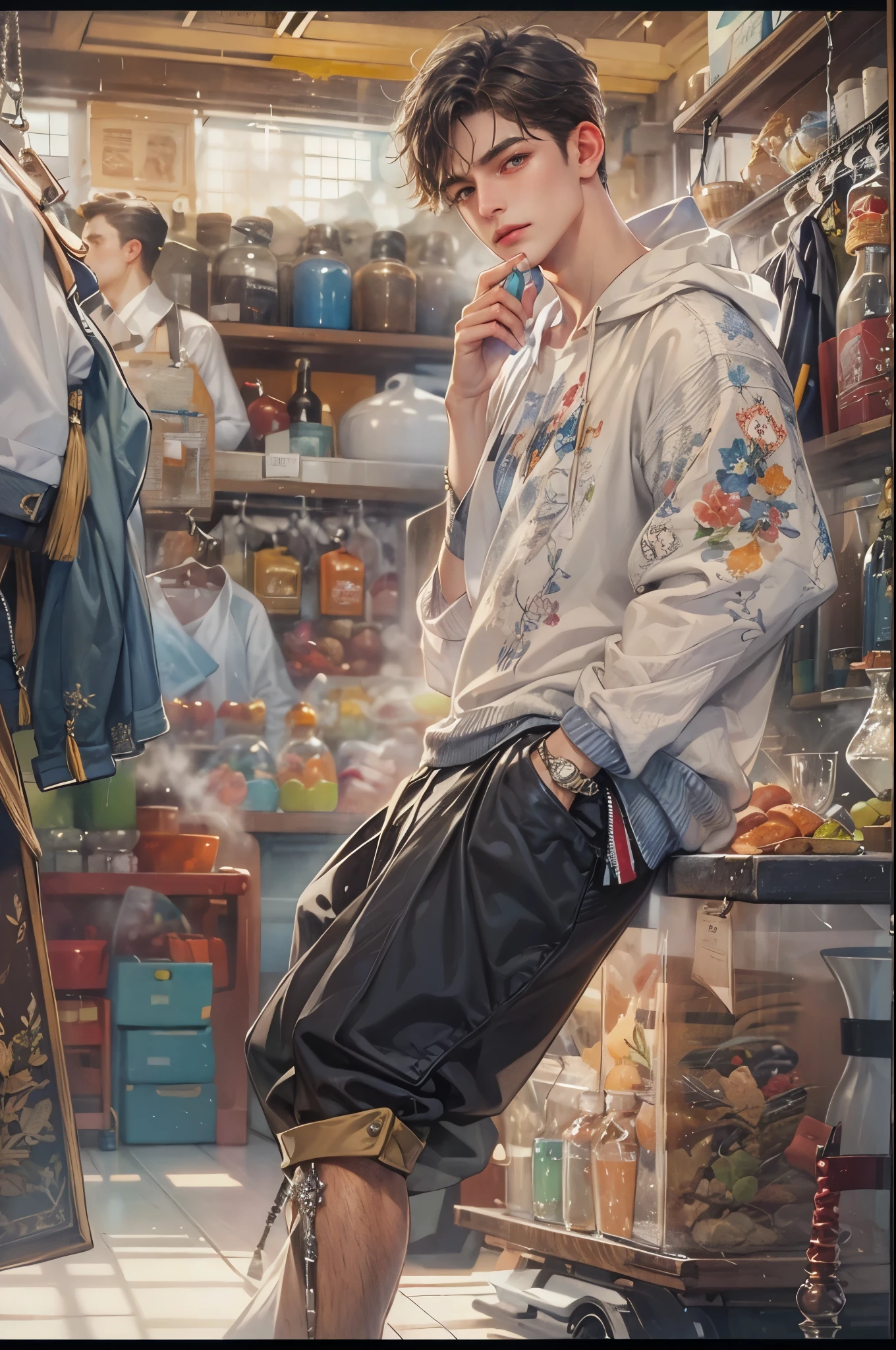 ((Best quality)), ((masterpiece)), (detailed), ((perfect face)), ((halfbody)) handsome face, male, teen boy,  perfect proportions , an artwork created by nardack, casual outfit, detailed market interior scenery background 