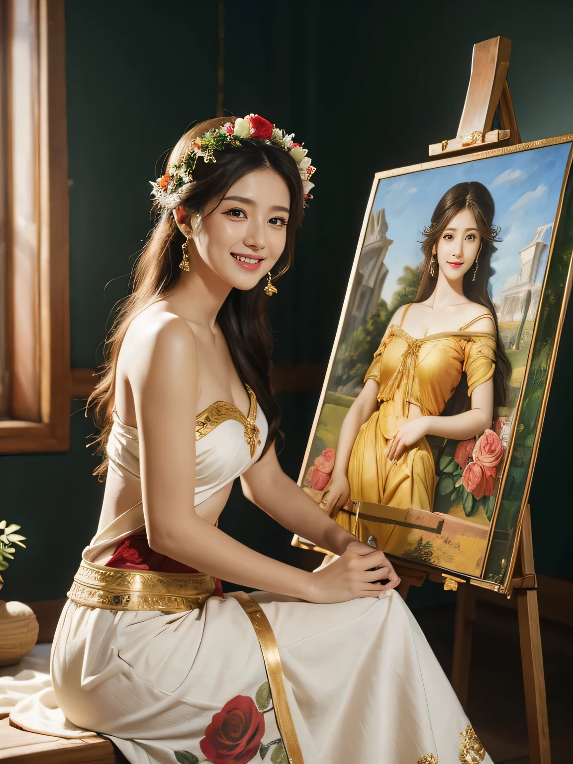 Giorgione painting style,roses in vase、fruits、Cute trinkets、smile、ancient greek costume、Clothes that stretch your shoulders、A big smile、beautiful bare skin,Female painter painting oil in her studio