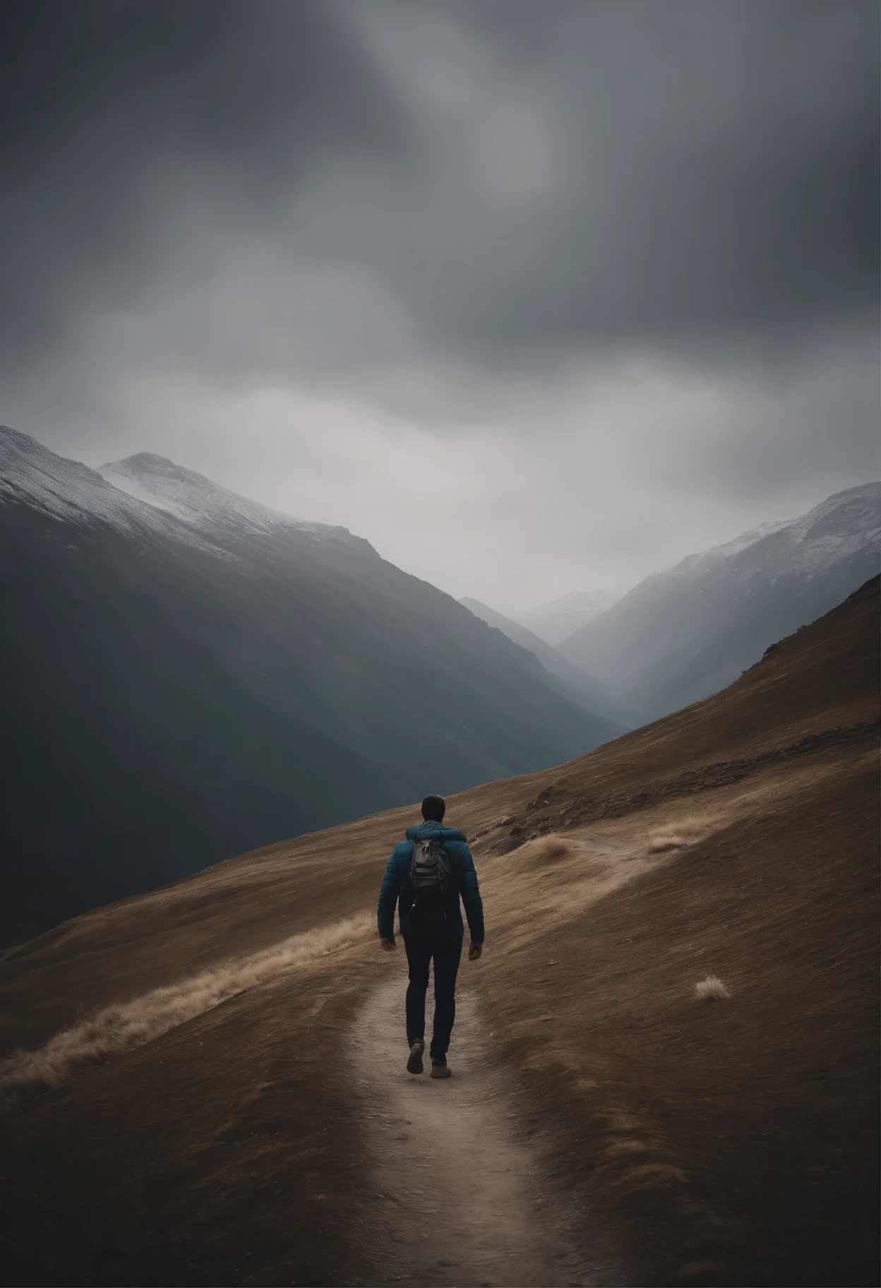 Man walking in the middle of the mountains 