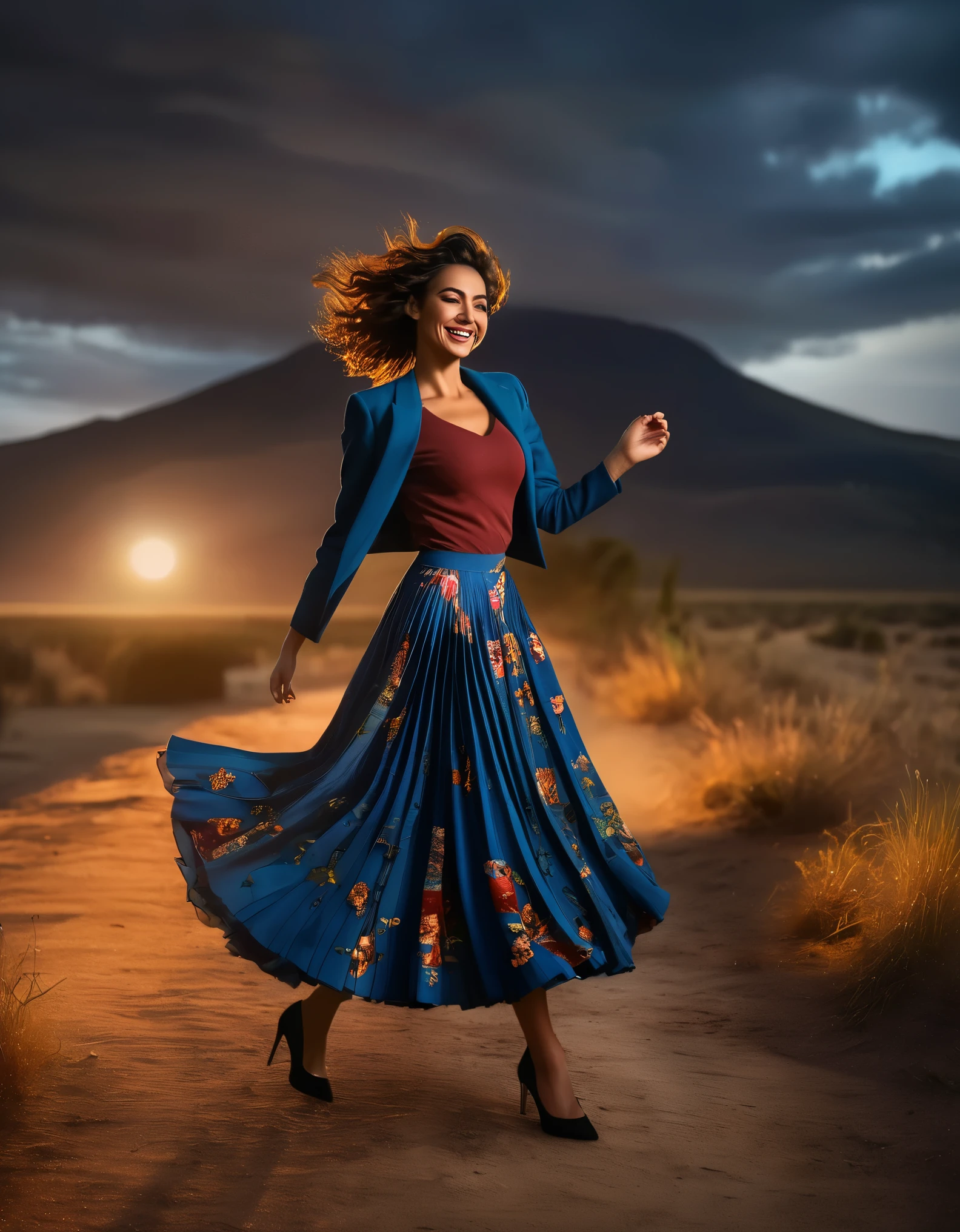 Full body photo of A smiling, authentic, (shy:1,3), kind, beautiful woman, is passionately in love with her skirt, dancing sensually while wind lifts her skirt all around, wearing short blazer and very detailed (very long (fully pleated) full circle skirt) and (low heeled court shoes), very intricate hyper-detailed symmetric (attractive graceful young feminine face) with (sad, tired eyes and a loving smile), large breasts, full of empathy and compassion and love, (pronounced (feminine) features), (highly detailed ultra accurate realistic) hands and fingers, (windy), epic composition, highly detailed attributes, (85MM F/1.4 lens photograph), extremely high quality RAW photograph, highly detailed atmosphere, sci-fi, cinematic shot, dynamic lighting, 75mm, Technicolor, Panavision, cinemascope, sharp focus, fine details, 8k, HDR, realism, realistic, space background, key visual, sci-fi film still, superb cinematic color grading, depth of field 