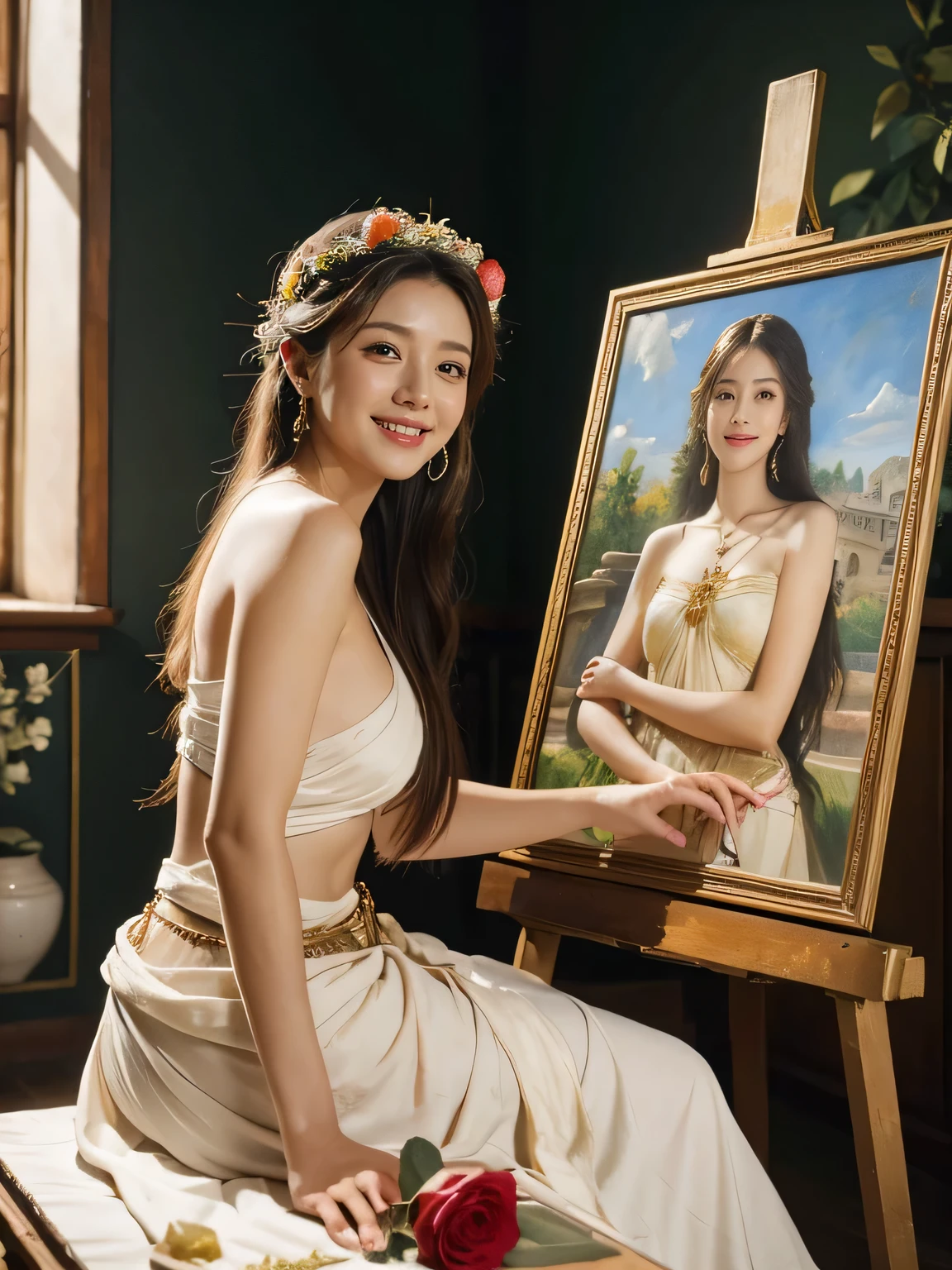 Giorgione painting style,roses in vase、fruits、Cute trinkets、smile、ancient greek costume、Clothes that stretch your shoulders、A big smile、beautiful bare skin,Female painter painting oil in her studio