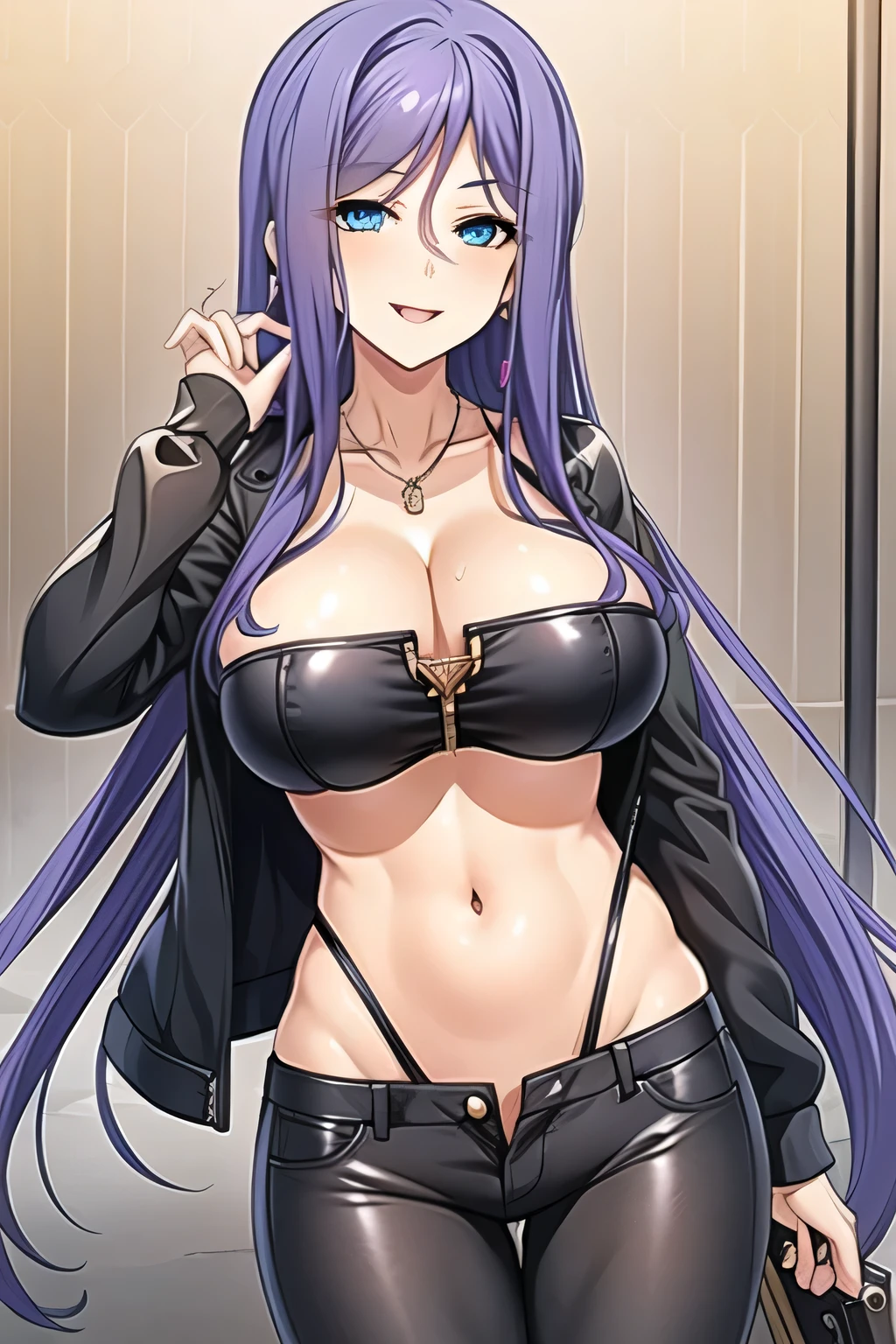 jewelry,gem, necklace,
blue eyes, purple hair,long hair,Bangs,
1 girl, 20yo,Young female,Beautiful Finger,Beautiful long legs,Beautiful body,
Beautiful Nose,Beautiful character design, perfect eyes, perfect face,expressive eyes,perfect balance,
masterpiece, best quality, highly detailed, a girls with a gun, evil smile , open mouth, sexy gaze, badass
pose , evil smile, smile, (nsfw) not safe for work, guns blazing, anime girl with long hair, beautiful long
haired girl, navel, evil expression, exposed belly, exposed navel, exposed midriff, exposed lower belly,
long black pants, crop top, cleavage, unbuttoned leather pants ,open fly, low rise black leather pants,
leather jacket, holding a gun, outdoor,street,road,