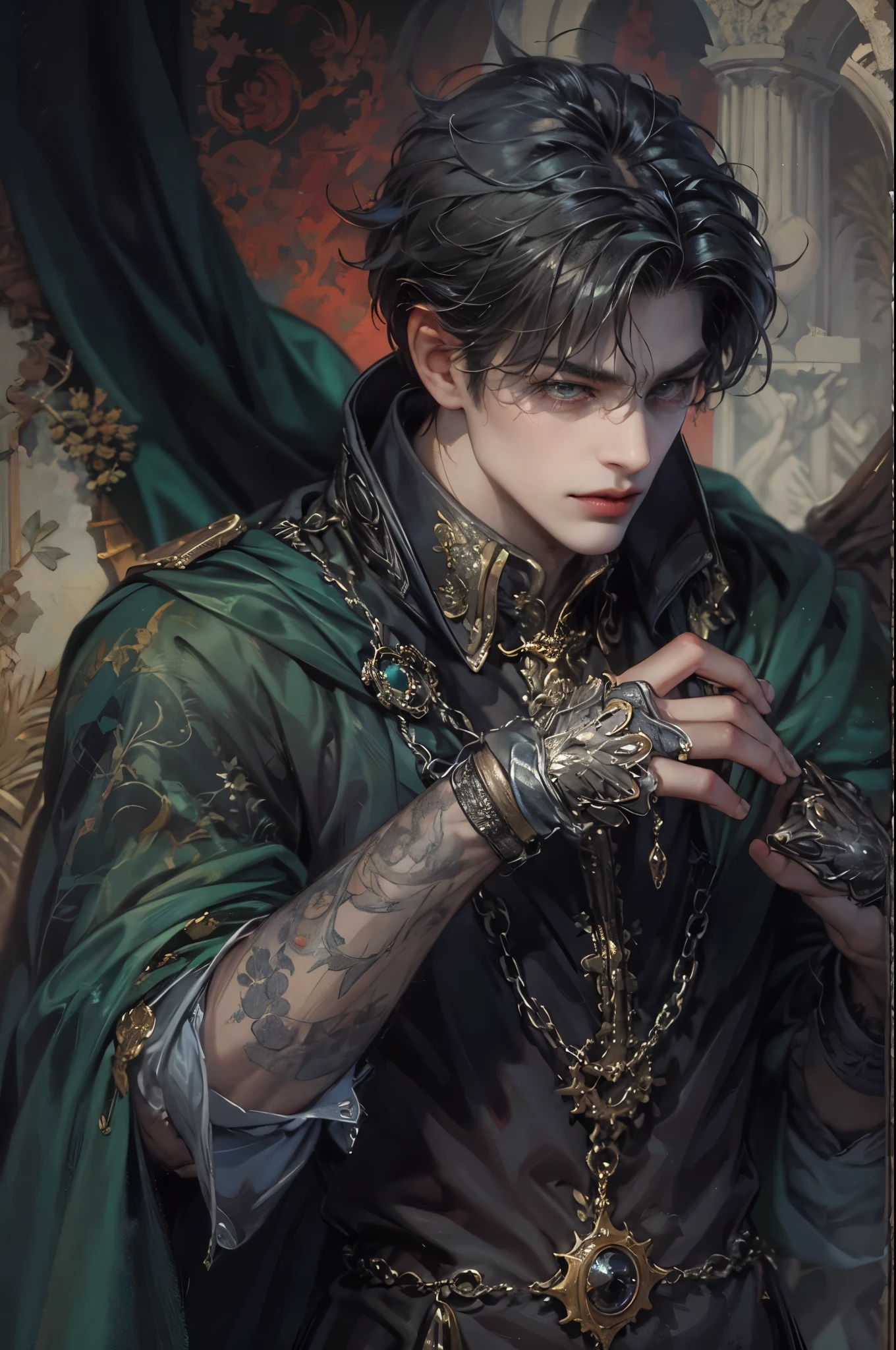 ((Best quality)), ((masterpiece)), (detailed), ((perfect face)), ((halfbody)) handsome face, male, boy, perfect proportions , a male character hero from vampire saviour comics in a gnostic outfit, succubus, incubus, vampire, dark cape, dark castle, detailed scenery background