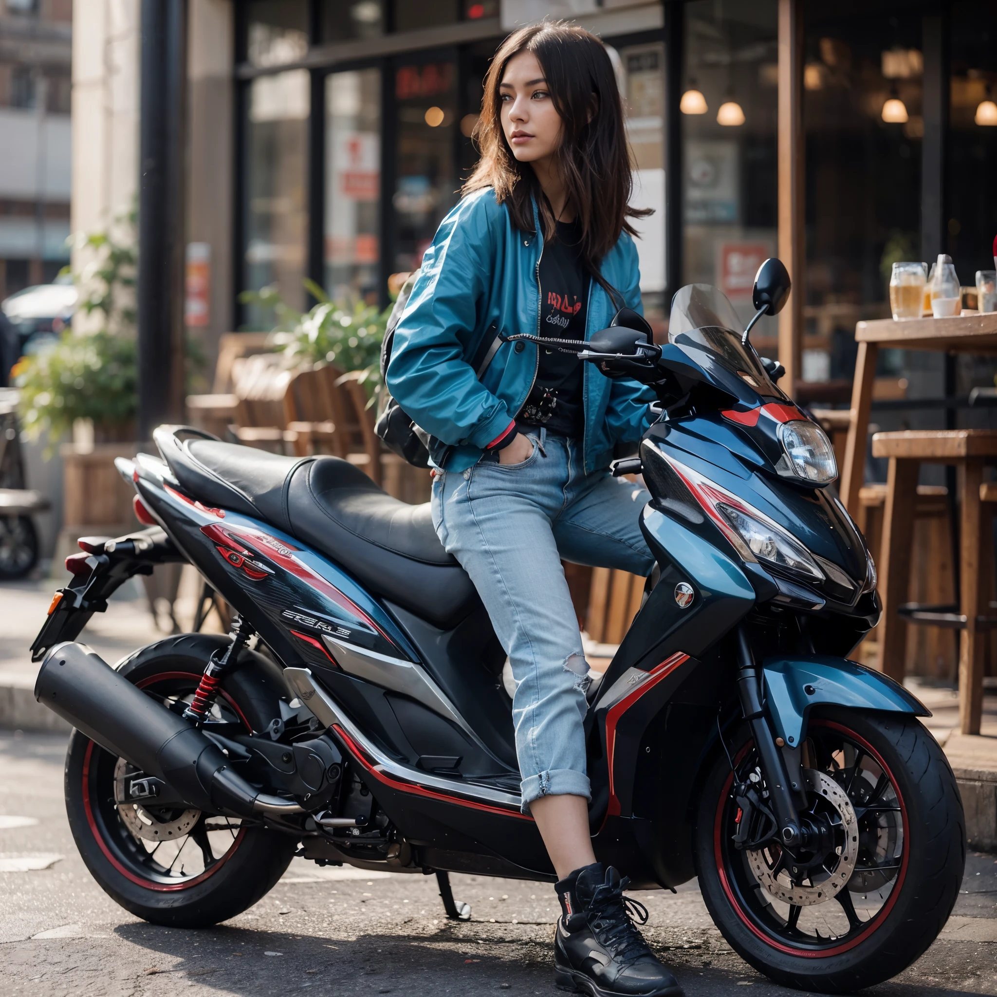 hyper realistic automotive photography ((attractive 3-quarter low angle)) (((ultra detailed object))) a pretty stylish age japan girl ((Detailed face)) with stylish Turquoise jacket & blue jeans posing with sleek new design Scooter Matic Bike Honda Beat, stylish simple shape, matte red-black side body colour with graphic stripping, posing on a premium terrace of an edgy coffee shop (((realistic body texture))) ((3d well rendered)) wallpaper quality, take by hasselblad, medium lens, 8K