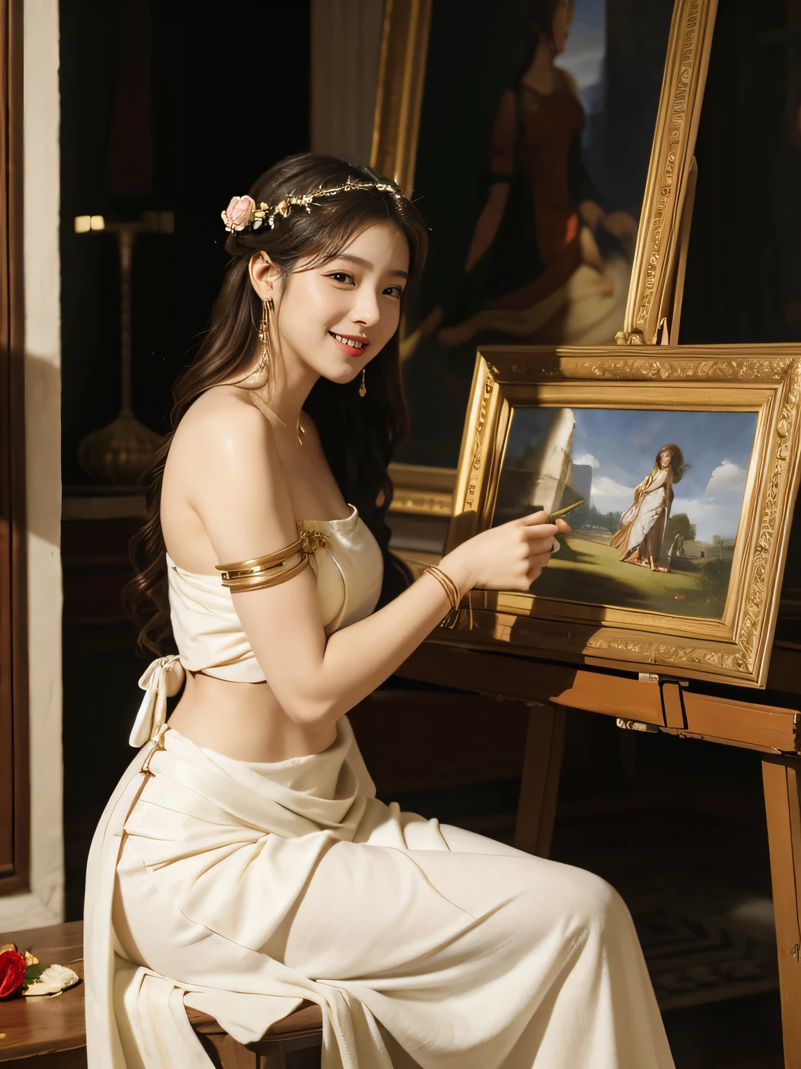 Giorgione painting style,roses in vase、fruits、Cute trinkets、smile、ancient greek costume、Clothes that stretch your shoulders、A big smile、beautiful bare skin,Female painter painting oil in her studio