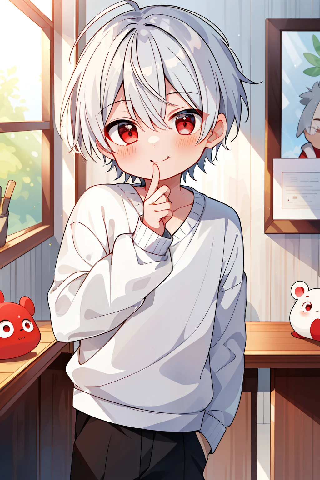 ((masterpiece))、(((最high quality)))、(high quality、breathtaking)、(expressive eyes、perfect face)、1 boy、solo、male、short、young、、short gray hair、white hair、red eyes、smile、blush、long sleeve sweater、short pants、indoors、cute、close