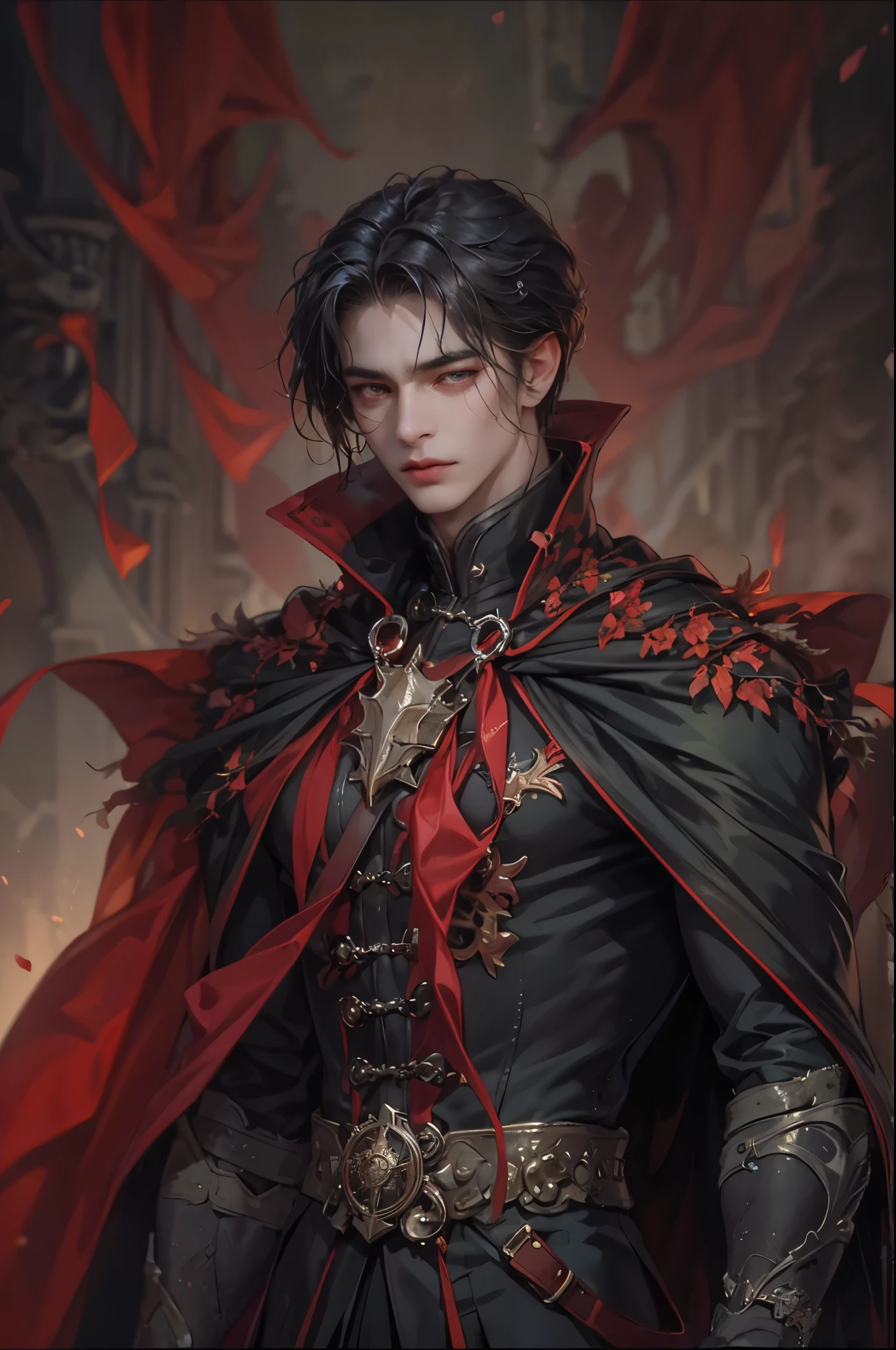 ((Best quality)), ((masterpiece)), (detailed), ((perfect face)), ((halfbody)) handsome face, male, teen boy, perfect proportions , a male character hero from vampire saviour comics in a gnostic outfit, succubus, incubus, vampire, dark cape, dark castle, detailed scenery background