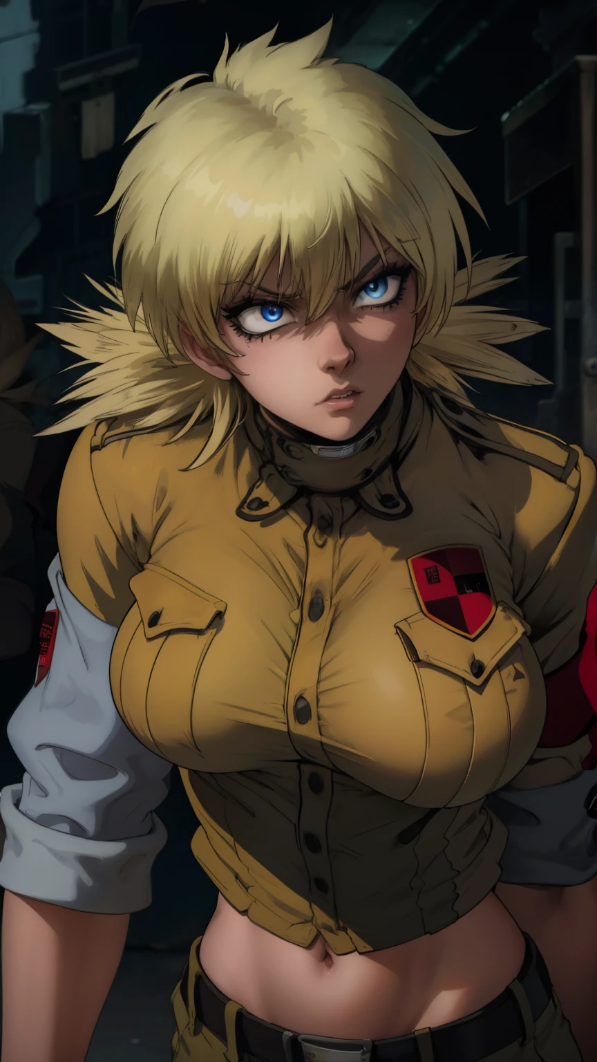 (best quality,4k,8k,highres,masterpiece:1.2),ultra-detailed,extremely detailed girl,beautiful detailed eyes,beautiful detailed lips,longeyelashes,leather jacket and pants,angry expression,holding a gun,black and white photography,low-key lighting,dark and gritty,urban setting,fierce attitude,action-packed scene,Vivid colors,intense shadows,sharp focus, seras, seras victoria, closeup, face closeup, frustrated expression 