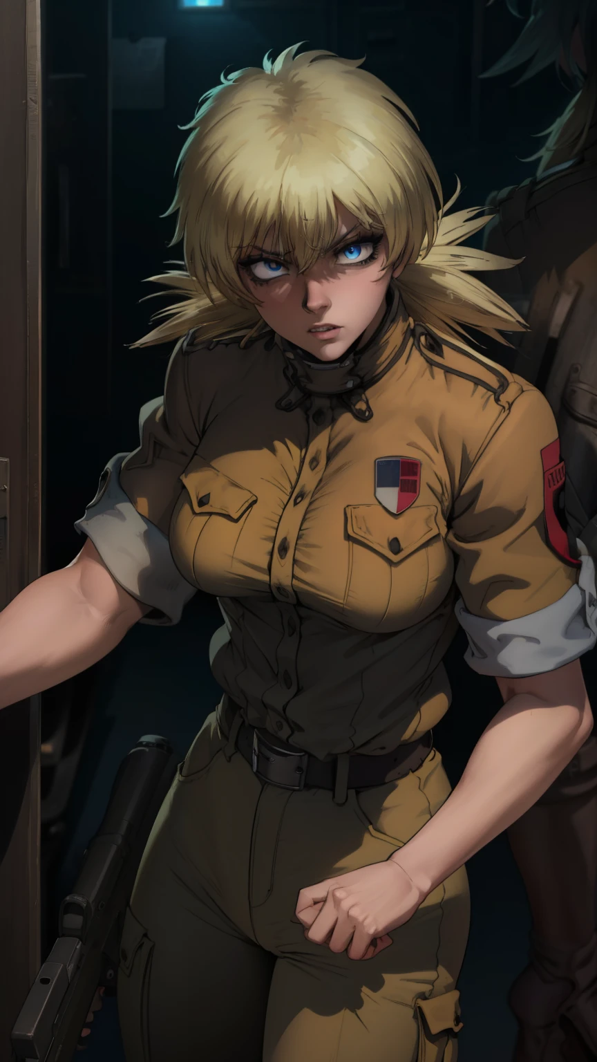 (best quality,4k,8k,highres,masterpiece:1.2),ultra-detailed,extremely detailed girl,beautiful detailed eyes,beautiful detailed lips,longeyelashes,leather jacket and pants,angry expression,holding a gun,black and white photography,low-key lighting,dark and gritty,urban setting,fierce attitude,action-packed scene,Vivid colors,intense shadows,sharp focus, seras, seras victoria, closeup, face closeup, frustrated expression 