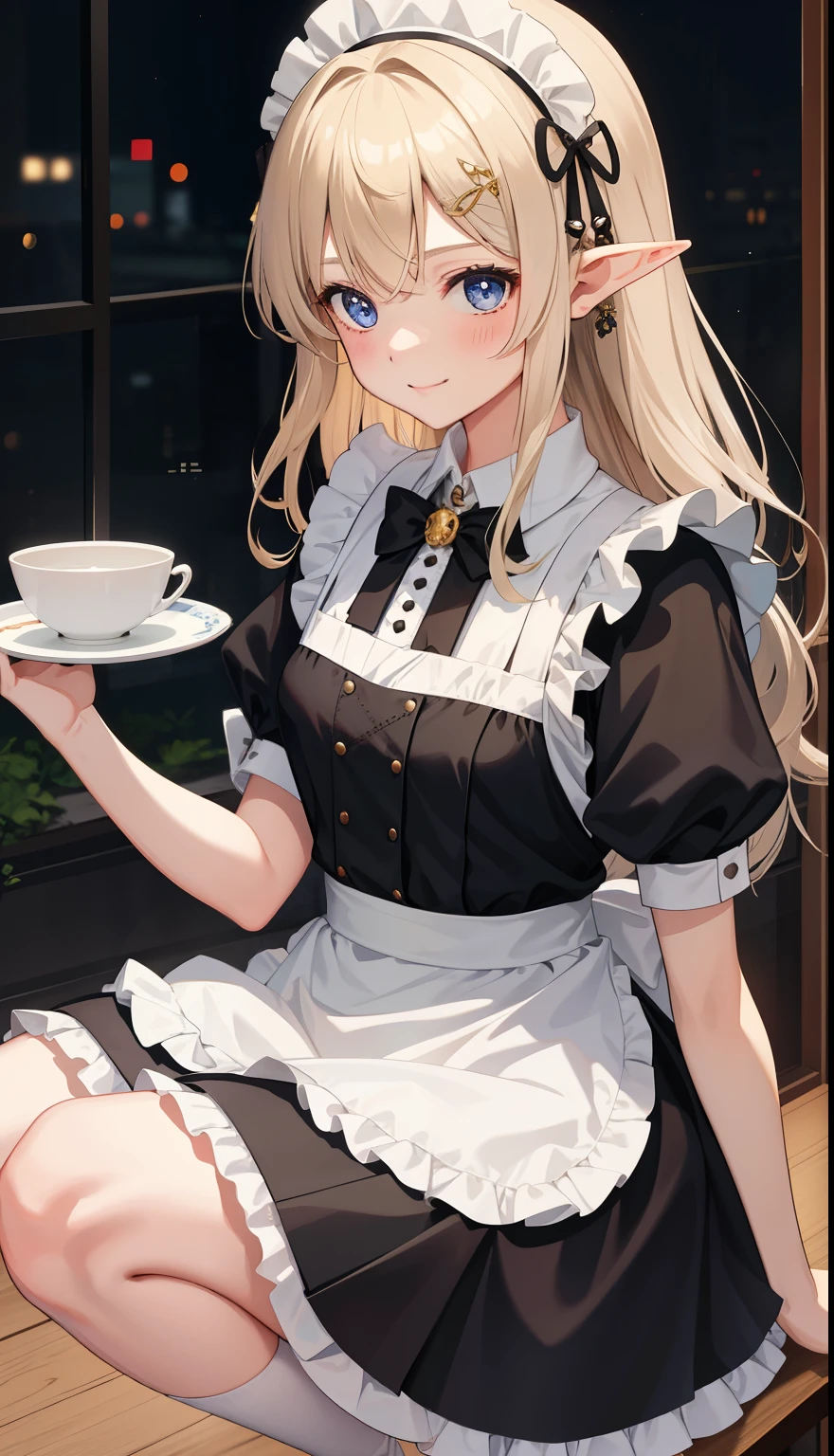 1 girl、as adult、smile、shirt、skirt、apron、hair ornaments、cream hair、elf、maid、maidコスチューム、(small breasts)、Wind、squat、