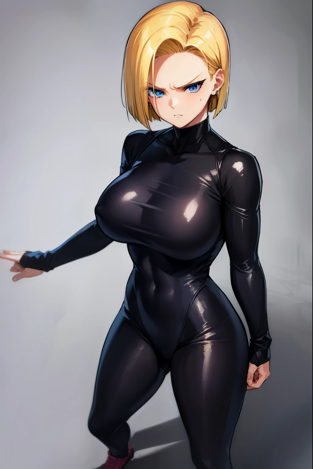 highest quality, High resolution, full body,AND18, 1 girl, android 18, alone, golden hair, blue eyes, short hair,earrings,big breasts, frown,troubled face, Sweat,1 girl, Black tight suit, streak,looking at the viewer,