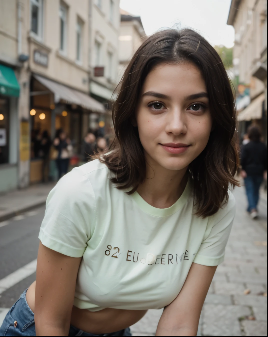 Cute beautiful sexy European light-green-eyed brunette, 22 years old,
girl is wearing black Tee-shirt, regular fit, regular length, no printing on Teeshirt, skinny fit jeans, heels, (Skindentation),girl is in focus, background is out of focus, depth of field, seductive sardonic smile, shopping street,
tiny waist, very detailed, innocent face, face-length 1.3 times the face-width, almond-shaped eyes, squared face-shape, high cheekbones, naturally wavy hair, light-green eyes, high-res, masterpiece, best quality, intricate details, very detailed, sharp focus, detailed skin, realistic skin texture, texture, detailed eyes, professional, 4k, charming smile, shot with Canon, depth of field, Kodak Vision color, perfectly fitting body, extremely detailed, photo_\( ultra\), photorealistic, realistic, post processing, maximum details, roughness, real life, ultrarealistic, photorealism, photography, 8k UHD, photography