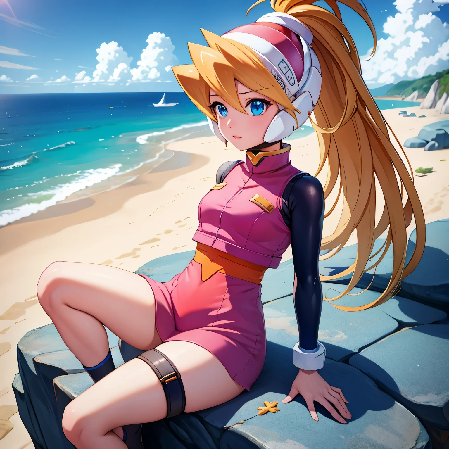 ciel_megamanz, 1girl, solo, long hair, blue eyes, blonde hair, ponytail, headgear, masterpiece, high quality, overlooking the ocean on the edge of a rock, in the style of avian-themed, realistic yet stylized, villagecore, azure, orange and azure, dragoncore, aerial view