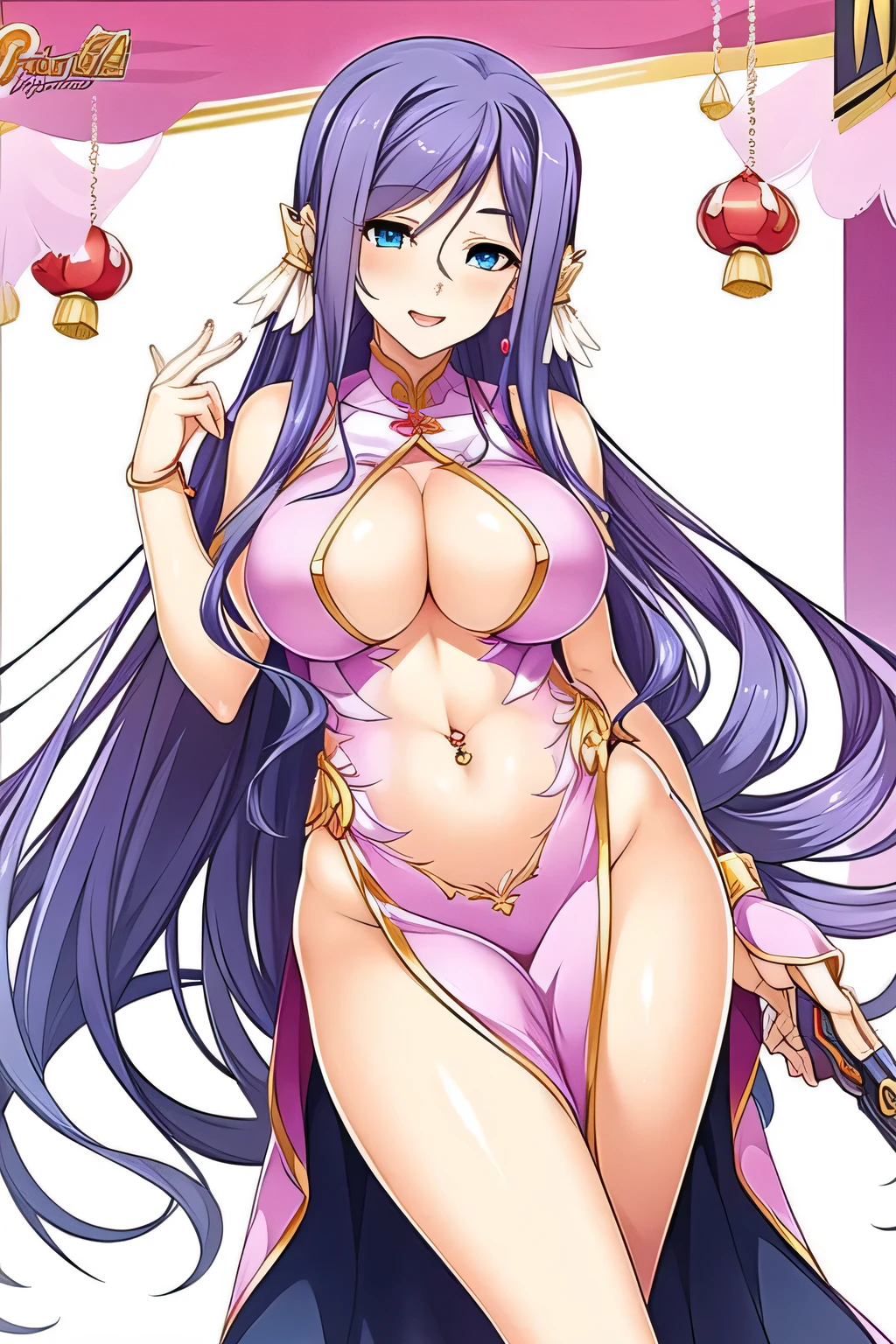 jewelry,gem, necklace, 
blue eyes, purple hair,long hair,Bangs,
1 girl, 20yo,Young female,Beautiful Finger,Beautiful long legs,Beautiful body,
Beautiful Nose,Beautiful character design, perfect eyes, perfect face,expressive eyes,perfect balance,
masterpiece, best quality, highly detailed, a anime girls in china dress with navel cutout holding a gun
posing for a picture, navel cutout, crop top, china dress, ecchi anime style, evil smile, open mouth,
smile, anime girls, ecchi style, ecchi, digital anime art!!, in anime style, official artwork, (nsfw) not safe
for work, beautiful anime girl, anime style 4 k, pelvic curtain, exposed belly, exposed navel, exposed
midriff, exposed lower belly, holding a gun, chinatown, outdoor,street,road, navel piercing