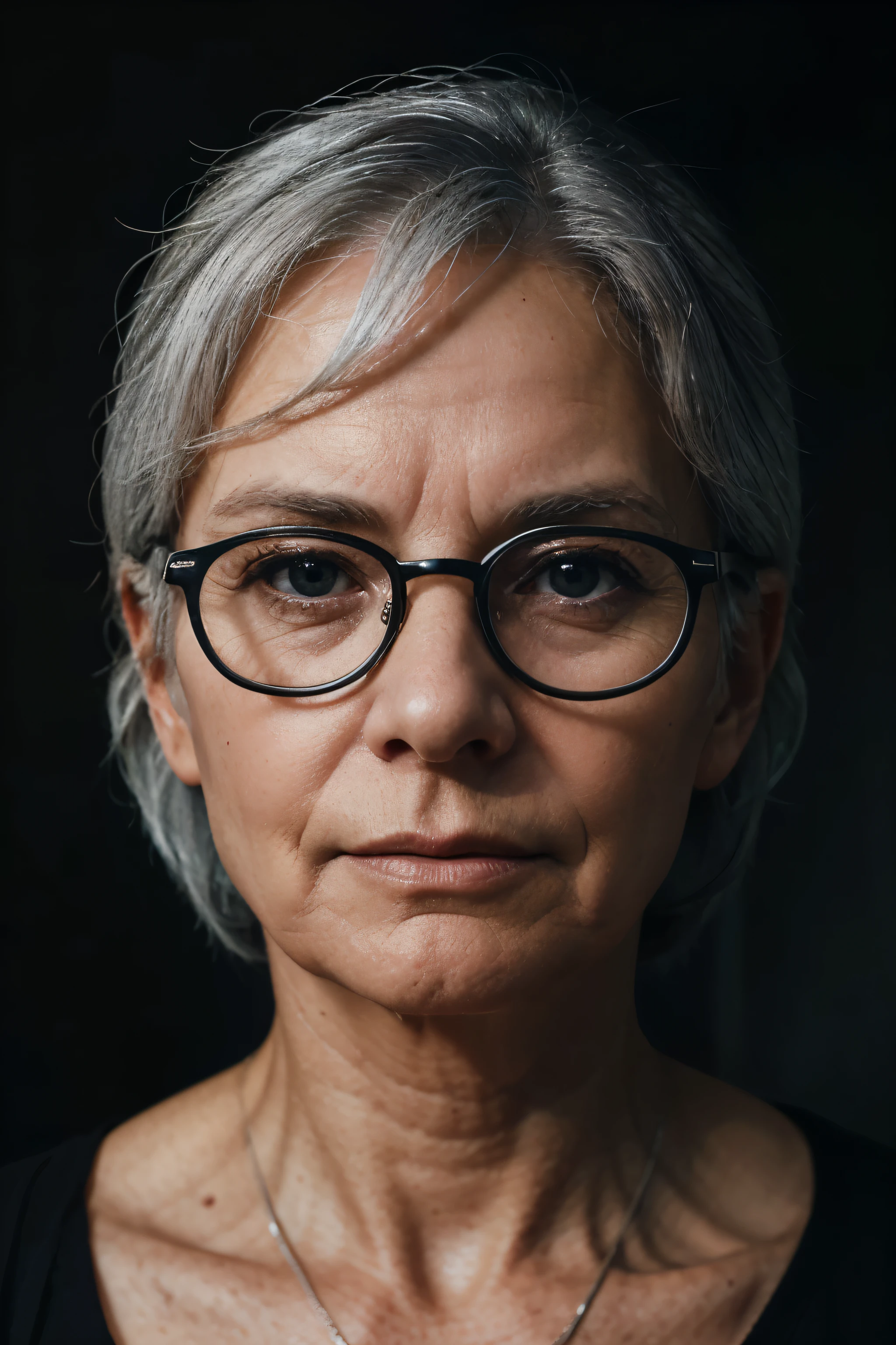 O rosto de uma mulher de 63 anos, branco, Com cabelos grisalhos, on a dark background and with dramatic light, with glasses, olhos castanhos e reflexivos, with contemplative expression, dramatic light, fotorealistic image, 4k, foto, fotography.