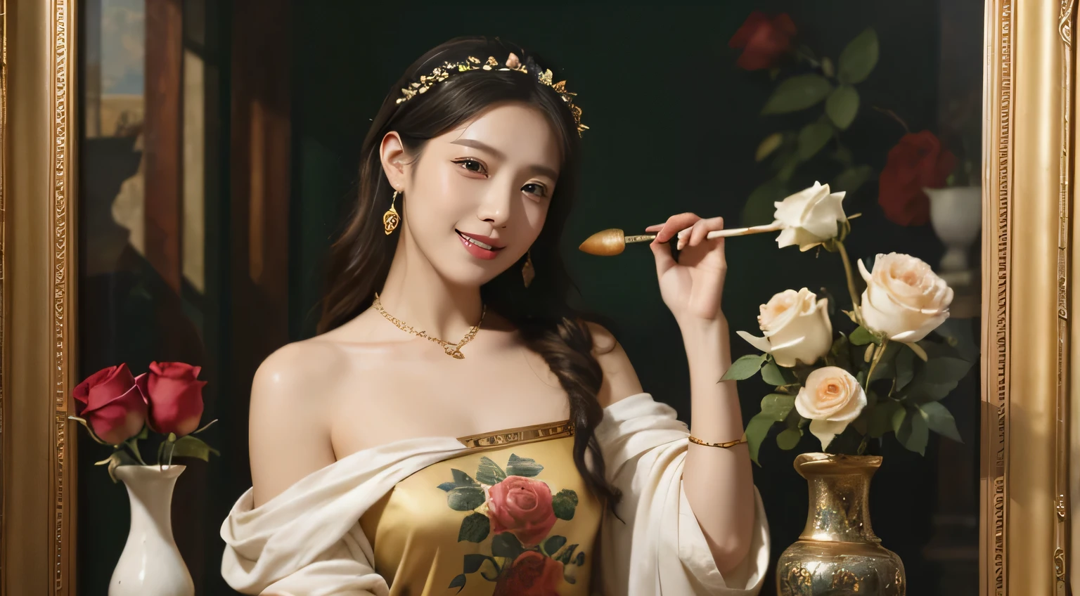 Geometry,stain glass,12 zodiac signs,Vigée Leblanc style,Math、Astronomical utensils,astronault,Roses in a vase,fruits,cute little,A smile,Ancient Greek costumes,Paintings by Sandro Botticelli,Costume with stretched shoulders,huge smile,large full breasts,Ecstasy expression,A sexy,Beautiful bare skin