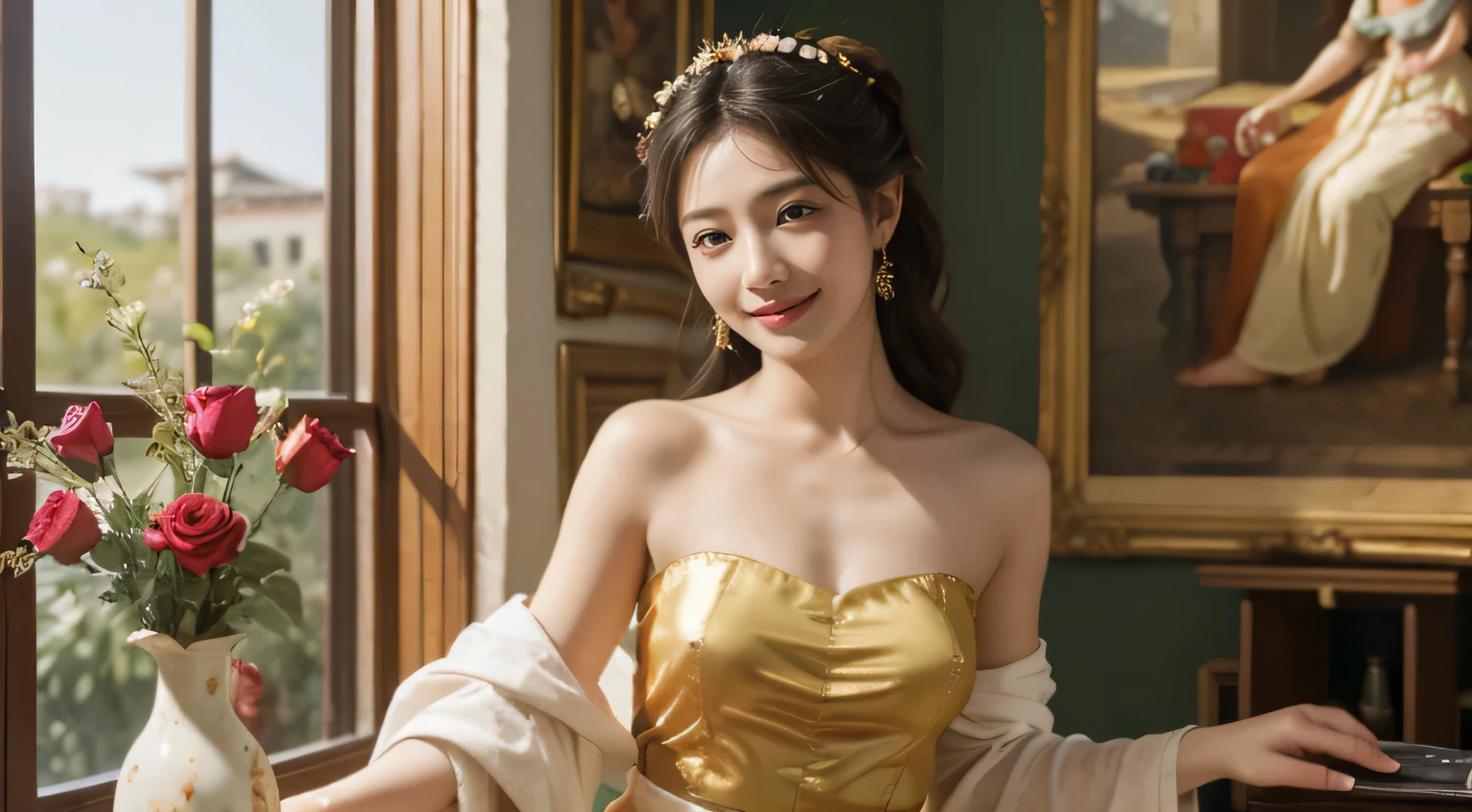 Giorgione painting style,roses in vase、fruits、Cute trinkets、smile、ancient greek costume、Clothes that stretch your shoulders、A big smile、beautiful bare skin,Female painter painting oil in her studio,Woman painting in oil with oil brush and palette