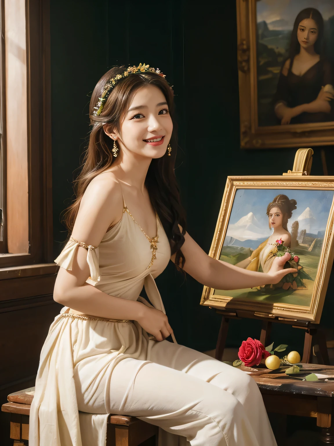 Giorgione painting style,Arguments of two female P、roses in vase、fruits、Cute trinkets、smile、ancient greek costume、Clothes that stretch your shoulders、A big smile、beautiful bare skin,Female painter painting oil in her studio