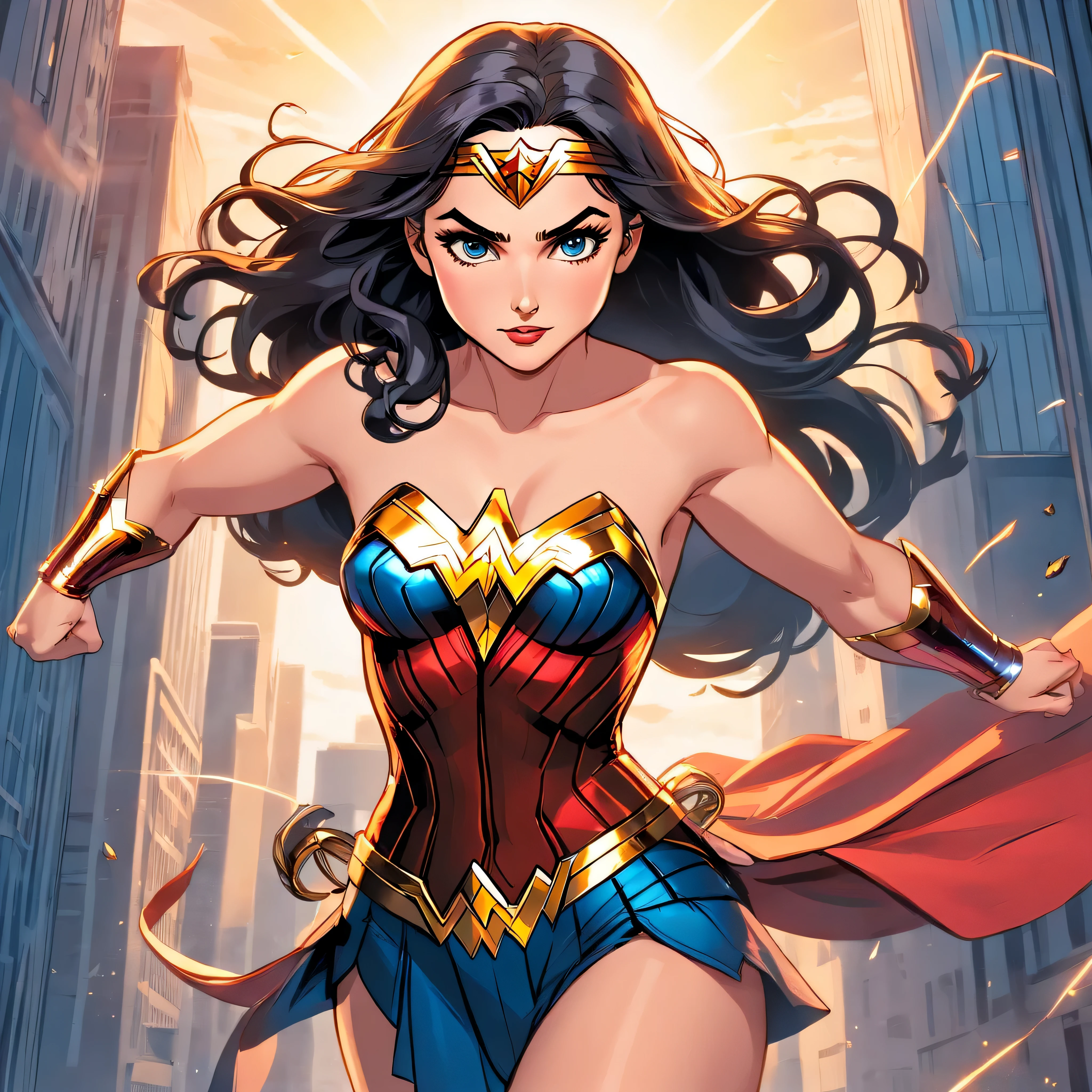 one muscle, Powerful Wonder Woman in a dynamic flying pose, with a confident and determined expression on his face. Her iconic superhero costume is highly detailed, mostrando as texturas e contornos do tecido. As cores vibrantes do traje, including the bright red cloak that flows behind him, Crie um impacto visual impressionante. 
The work has a medium of comic book illustration, capturing the essence of the beloved DC Comics character. The lines and shading are crisp and clean, giving the image a dynamic and energetic feel. It combines elements of traditional hand-drawn artworks with digital coloring techniques, resulting in a visually stunning piece.

Enquanto Wonder Woman assume o centro do palco, the background features the iconic skyline of Metropolis with its towering skyscrapers, todos banhados pela luz quente do sol. The buildings are highly detailed, featuring a blend of contemporary architecture and the classic art deco style that is synonymous with the world of Wonder Woman.

The lighting in the artwork is dramatic, with sunlight casting strong shadows on Wonder Woman's muscular physique, emphasizing their strength and power. Using highlights and shadows adds depth and dimension to the image, Bringing it to life.

The color palette of the work is rich and vibrant, with bold primary colors dominating the scene. O vermelho e o azul do traje do Wonder Woman se destacam contra os tons quentes da paisagem urbana, criando um contraste visualmente cativante.

Geral, This work is of the best quality, with ultra-detailed, realistic rendering. Every muscle and line in Wonder Woman's body is meticulously portrayed, highlighting his physical prowess and superhero status. Attention to detail creates a sense of realism, fazendo com que o espectador se sinta como se estivesse testemunhando o voo do Wonder Woman pessoalmente.

This prompt is suitable for