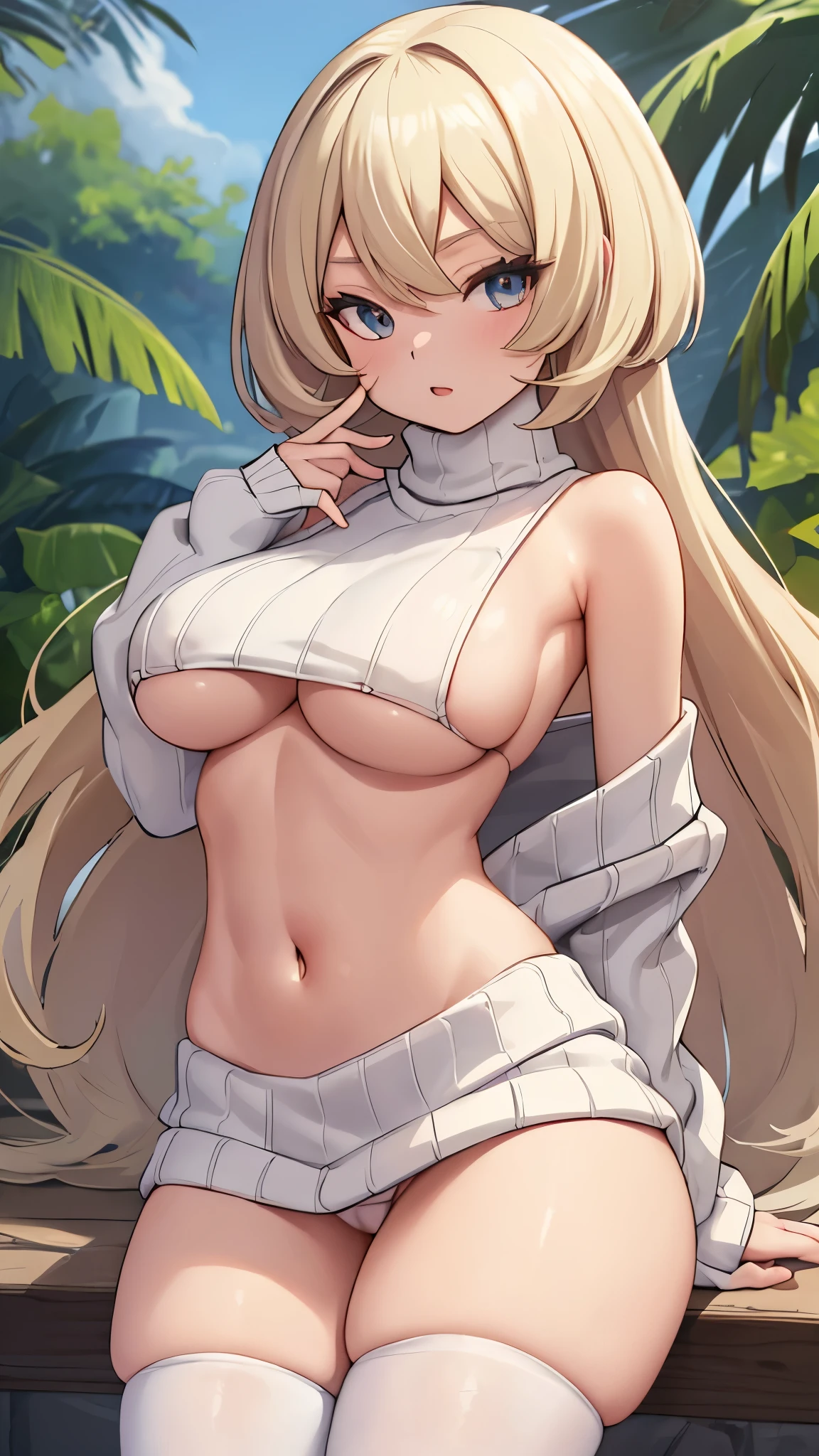 ((dk_sweater)), white pantes, white pantes, white pantes, virgin destroyer sweater, sideboob, underboob, white pantes, white thighhighasterpiece) (best quality) BREAK cynthia \(pokemon\)