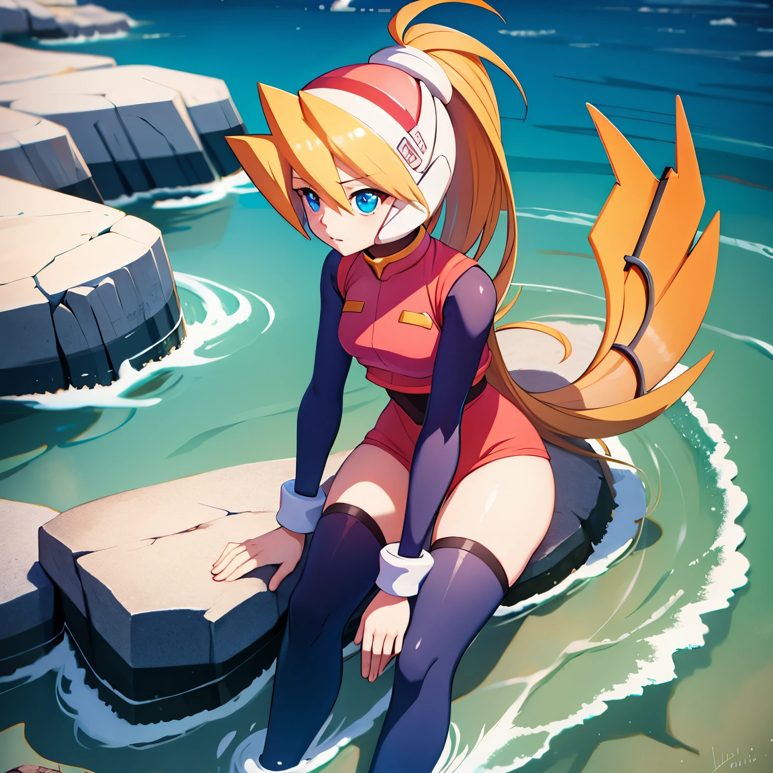 ciel_megamanz, 1girl, solo, long hair, blue eyes, blonde hair, ponytail, headgear, masterpiece, high quality, overlooking the ocean on the edge of a rock, in the style of avian-themed, realistic yet stylized, villagecore, azure, orange and azure, dragoncore, aerial view