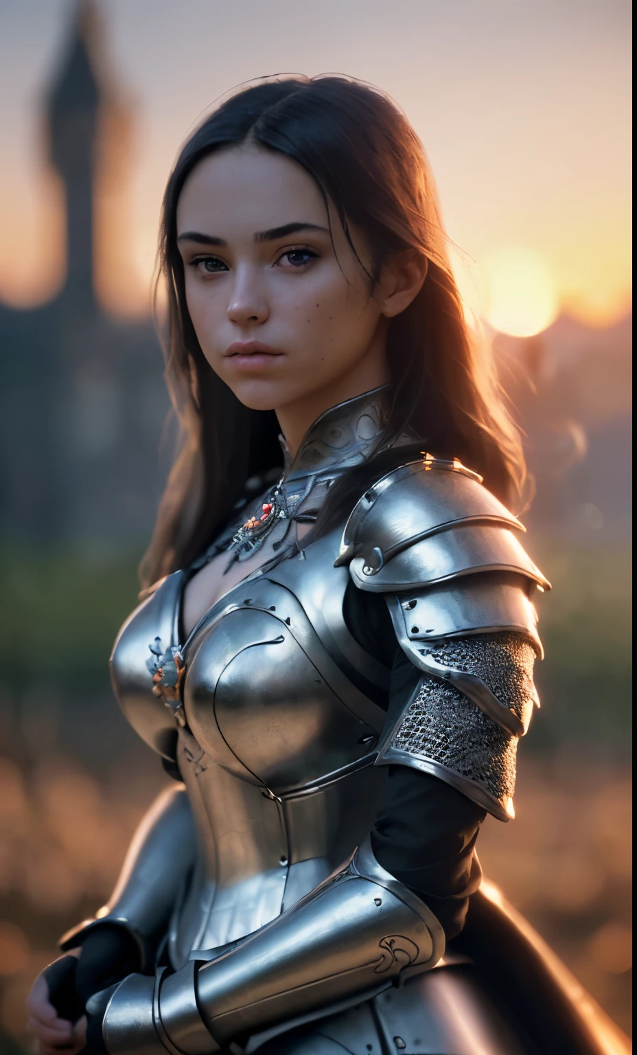 (masterpiece), (extremely intricate:1.3), (realistic), portrait of a girl, the most beautiful in the world, (medieval armor), metal reflections, upper body, outdoors, intense sunlight, far away castle, professional photograph of a stunning woman detailed, sharp focus, dramatic, award winning, cinematic lighting, octane render unreal engine, volumetrics dtx, (film grain, blurry background, blurry foreground, bokeh, depth of field, sunset, motion blur:1.3), chainmail