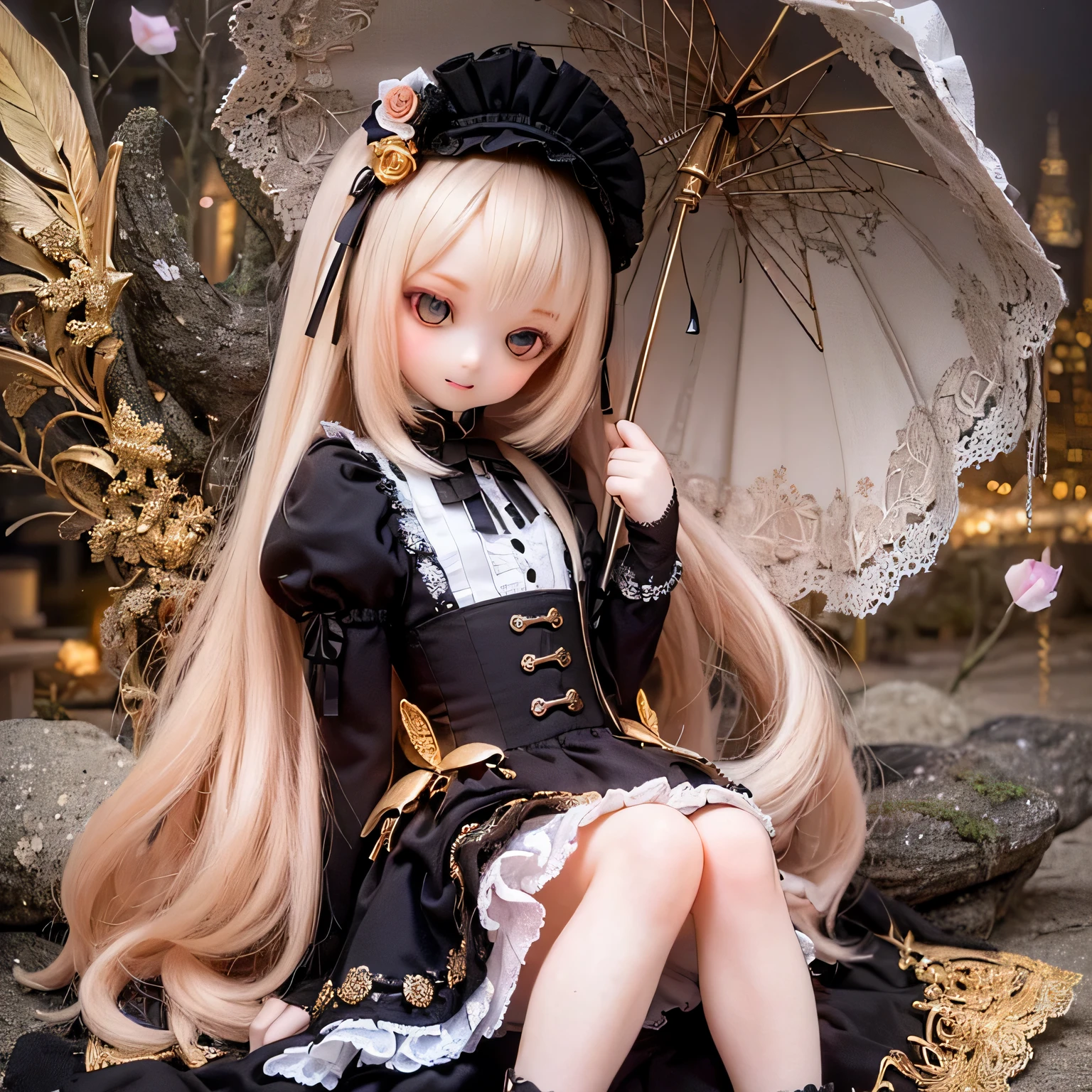 (best quality,ultra-detailed,realistic:1.37),gothic ta,Ermine girls chibi,curtsey,beautiful lace dress,fluffy skirt,elaborate headpiece,gothic accessories,dark color palette,gothic architecture backdrop,romantic atmosphere,vintage parasol,delicate gloves,adorable facial features,intense gaze,innocent smile,victorian elements,fancy lace socks,platform shoes,doll-like appearance,soft lighting,subtle shadows,vivid colors,pale skin,piercing eyes,rose petals in the air,mysterious aura,enchanted garden setting,butterflies fluttering around,hauntingly beautiful.