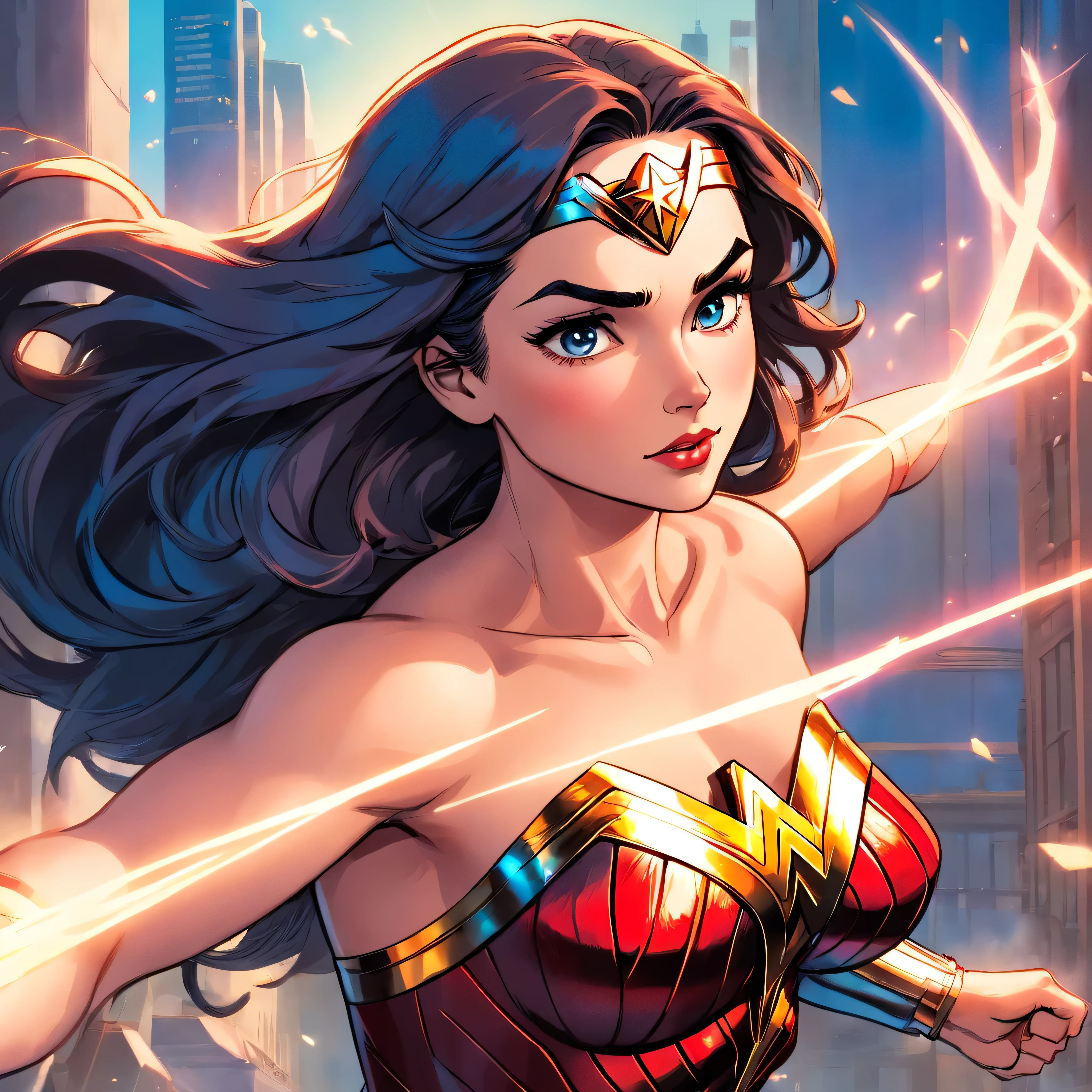 one muscle, Powerful Wonder Woman in a dynamic flying pose, with a confident and determined expression on his face. Her iconic superhero costume is highly detailed, mostrando as texturas e contornos do tecido. As cores vibrantes do traje, including the bright red cloak that flows behind him, Crie um impacto visual impressionante.
The work has a medium of comic book illustration, capturing the essence of the beloved DC Comics character. The lines and shading are crisp and clean, giving the image a dynamic and energetic feel. It combines elements of traditional hand-drawn artworks with digital coloring techniques, resulting in a visually stunning piece.
Enquanto Wonder Woman assume o centro do palco, the background features the iconic skyline of Metropolis with its towering skyscrapers, todos banhados pela luz quente do sol. The buildings are highly detailed, featuring a blend of contemporary architecture and the classic art deco style that is synonymous with the world of Wonder Woman.
The lighting in the artwork is dramatic, with sunlight casting strong shadows on Wonder Woman's muscular physique, emphasizing their strength and power. Using highlights and shadows adds depth and dimension to the image, Bringing it to life.
The color palette of the work is rich and vibrant, with bold primary colors dominating the scene. O vermelho e o azul do traje do Wonder Woman se destacam contra os tons quentes da paisagem urbana, criando um contraste visualmente cativante.
Geral, This work is of the best quality, with ultra-detailed, realistic rendering. Every muscle and line in Wonder Woman's body is meticulously portrayed, highlighting his physical prowess and superhero status. Attention to detail creates a sense of realism, fazendo com que o espectador se sinta como se estivesse testemunhando o voo do Wonder Woman pessoalmente.
This prompt is suitable for