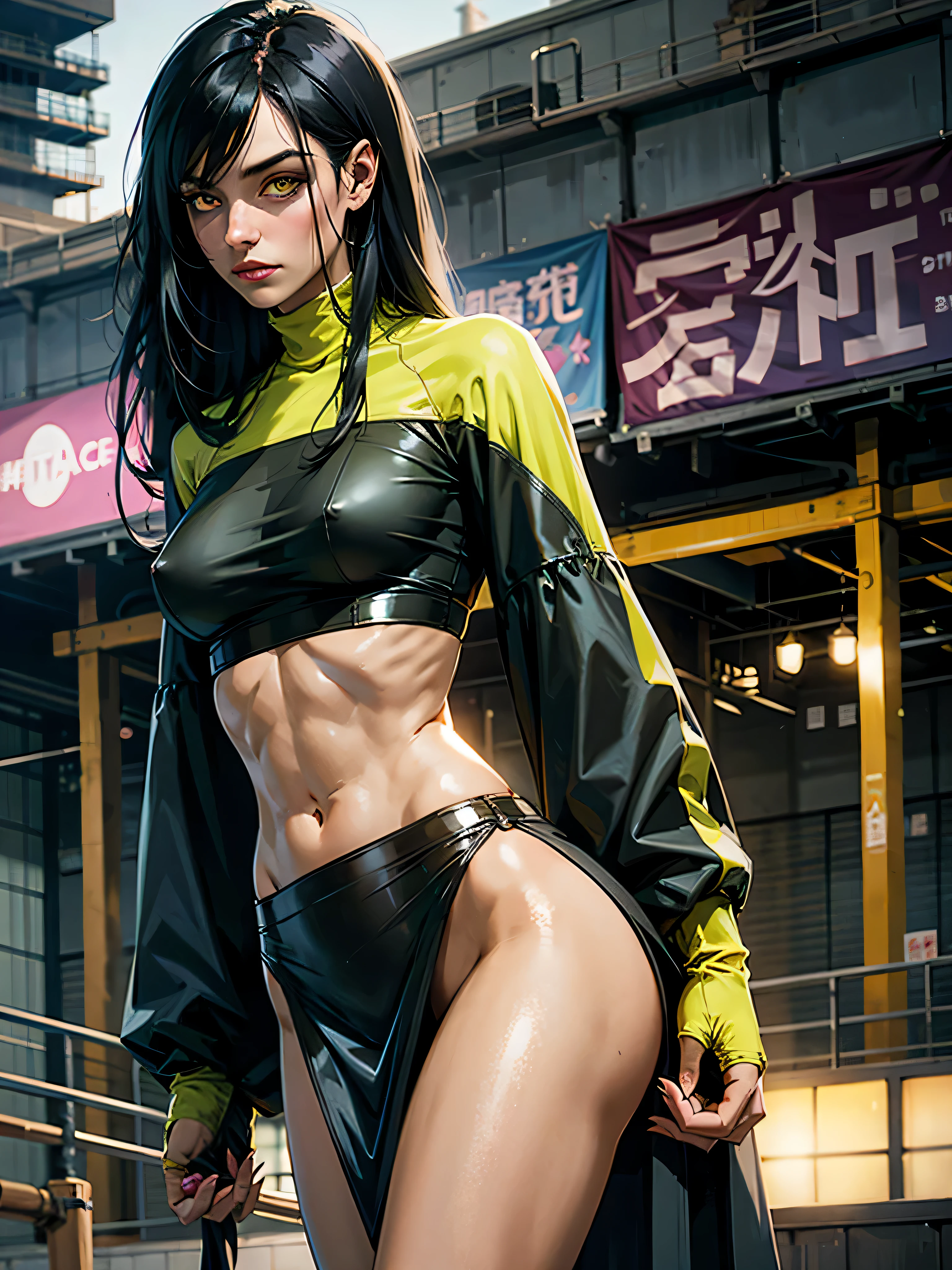 1girl, long black hair, fringe hair, emotionless, skinny body, , purple and green clothing, mature face, yellow eyes, techwear, wearing crop top, mini skirt, japanese city, absurdres, high res, ultrasharp, 8K, masterpiece, looking at viewer, nsfw