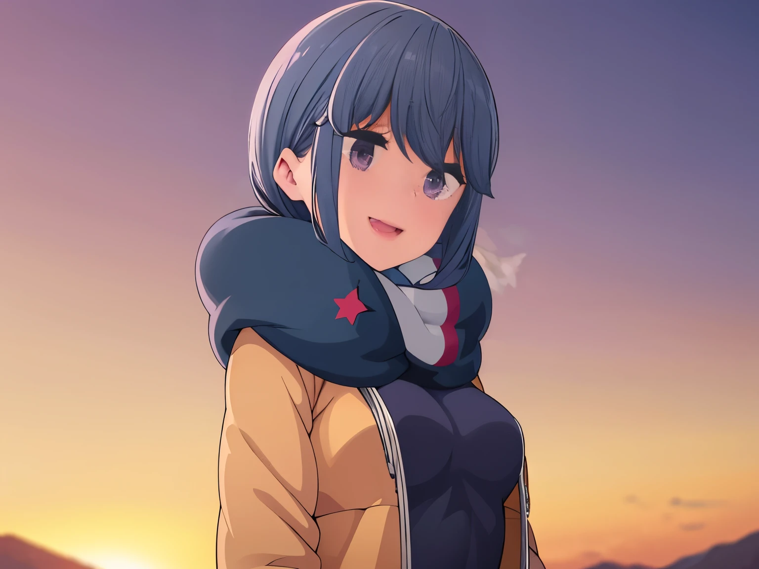 (best quality, masterpiece:1.2), 1girl, (((masterpiece))), shima rin, jacket, fingerless gloves, looking at viewer, smile, camp, mountain , top-quality, top-quality, High Details, 1girl, illustratio, comic strip, soothing tones, Subdued Color, Soft cinematic light, adobe lightroom, photolab, HDR, intricately and hyper-detailed、(((depth of fieldasterpiece)))。(((top-quality))).)((ultra-detailliert)))。(((illustratio)))。(((takeout))).dynamic focus.big breasts.(((Face of happy smile))). Close eye, open mouth.(((up chest))).((morning glow)).((the setting sun)), solo, anime, anime screencap, ray tracing, ultra resolution image, vivid color, cinematic light, lens flare, light on face, glow eyes, depth of field, happy, detailed background, cute, straight-on, dive dress, navel