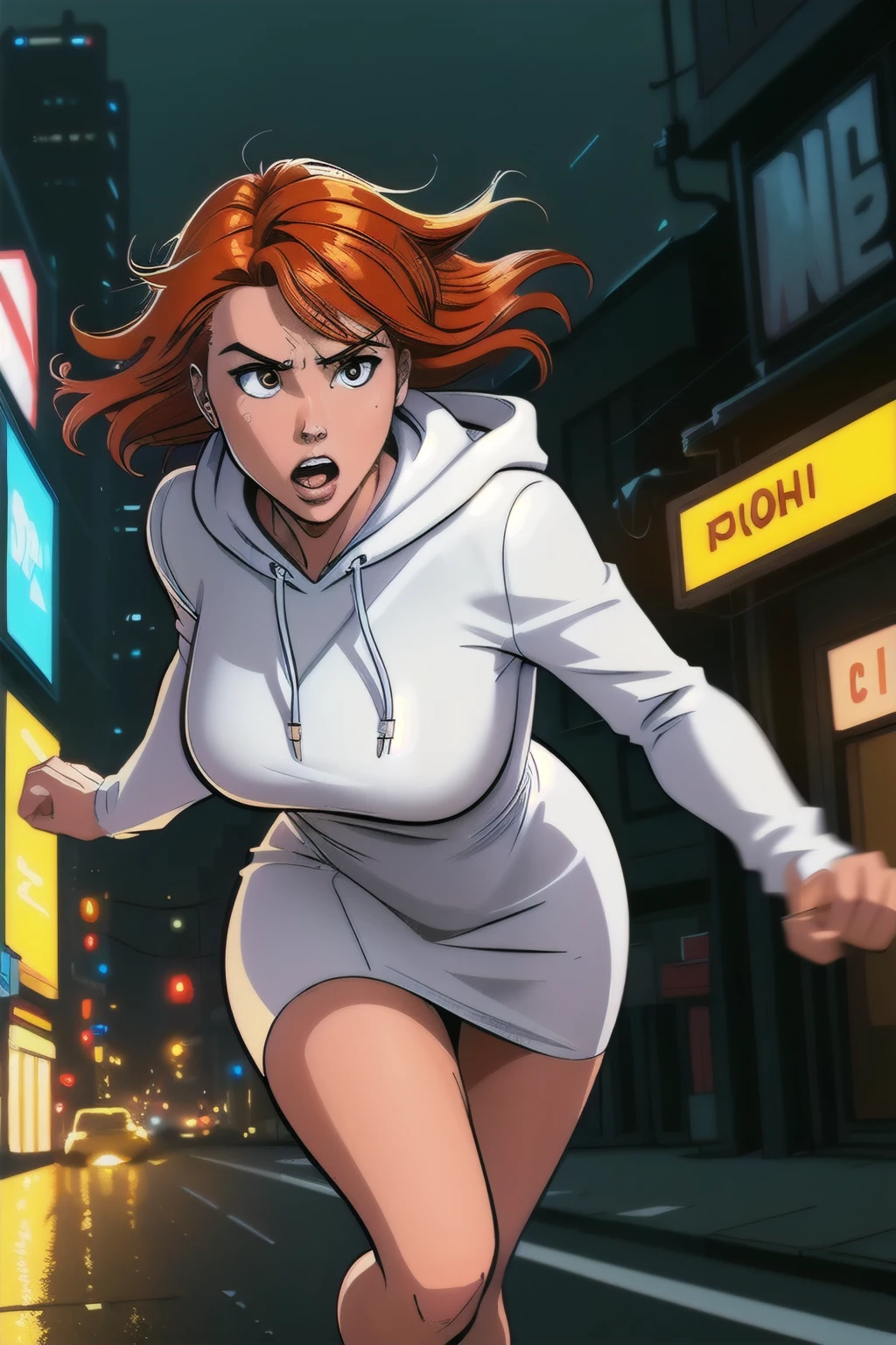 1 female, fierce gangster, asian, pistol tucked in pants, cute slanty eyes, full sleeve geisha tattoos on right arm, teardrop tattoo in cheek, hip hop clothes, realistic lips, oversized white t-shirt, hourglass figure, on the street corner, light brown hair, purple eyes, angry, red hair, baseball cap, best quality.