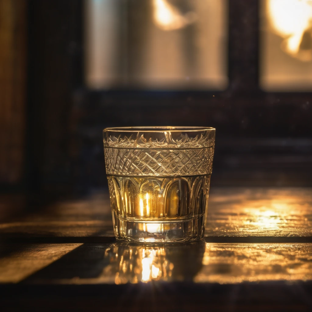 Tyndall Effect, aesthetic, extremely detailed, A glass of water sits on a window sill with beams of afternoon sunlight streaming through, rays of light scatter in the water exhibiting the Tyndall effect, condensation on the glass, detailed close up photo, shallow depth of field