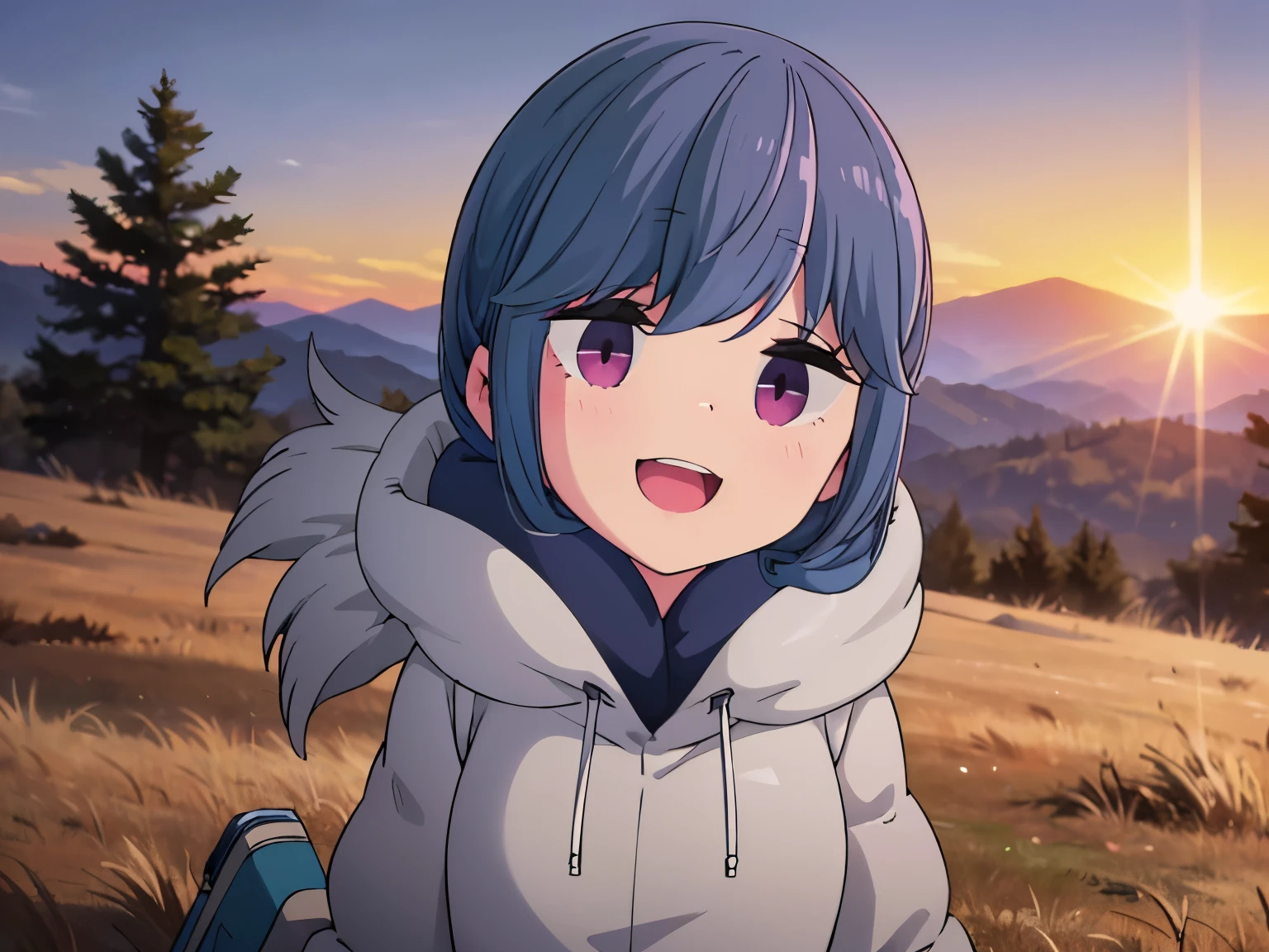 (best quality, masterpiece:1.2), 1girl, (((masterpiece))), (((full body))), shima rin, jacket, fingerless gloves, looking at viewer, smile, camp, mountain , top-quality, top-quality, High Details, 1girl, illustratio, comic strip, soothing tones, Subdued Color, Soft cinematic light, adobe lightroom, photolab, HDR, intricately and hyper-detailed、(((depth of fieldasterpiece)))。(((top-quality))).)((ultra-detailliert)))。(((illustratio)))。(((takeout))).dynamic focus.big breasts.(((Face of happy smile))). Close eye, open mouth.(((up chest))).((morning glow)).((the setting sun)), solo, anime, anime screencap, ray tracing, ultra resolution image, vivid color, cinematic light, lens flare, light on face, glow eyes, depth of field, happy, detailed background, cute, straight-on, dive dress, navel