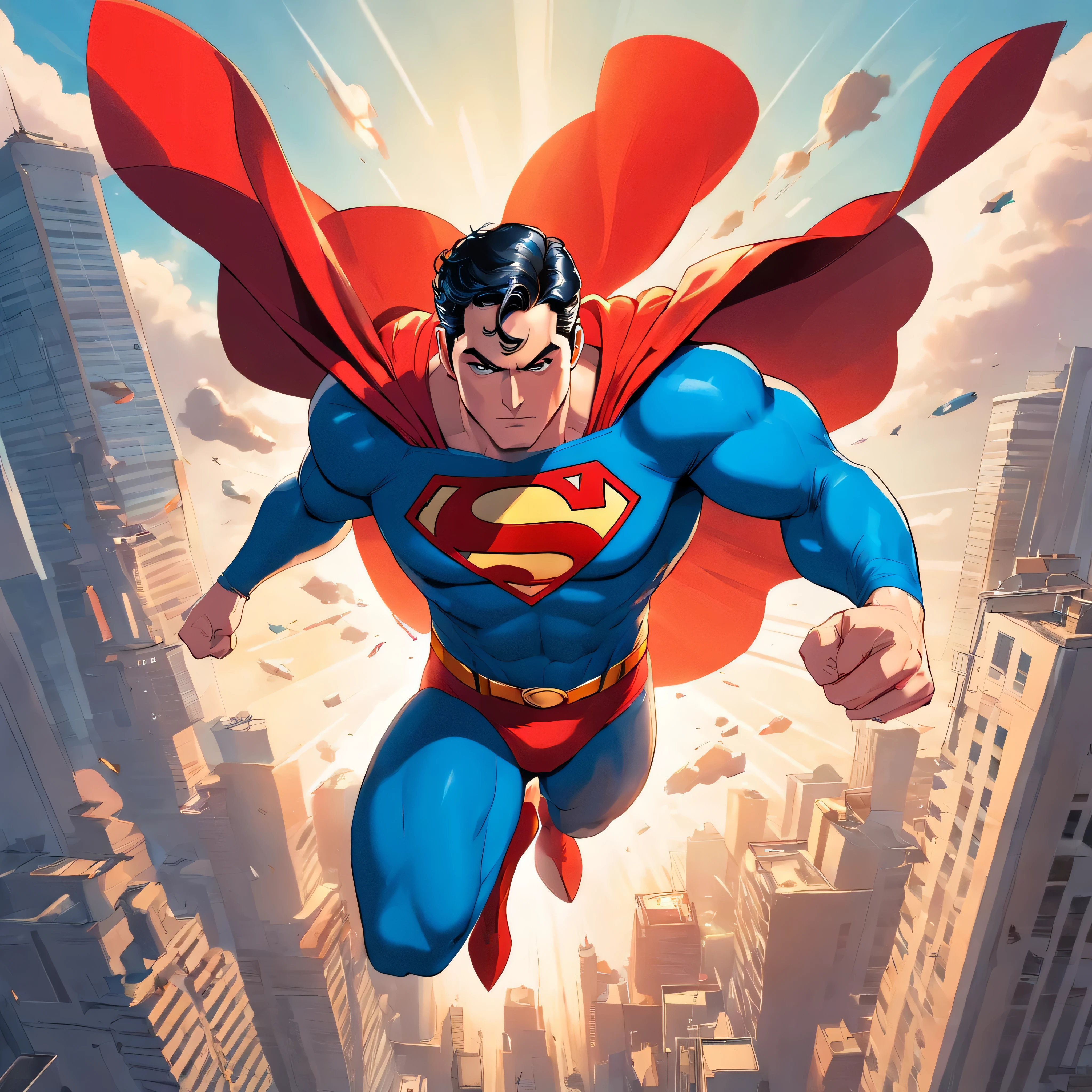one muscle, Powerful Superman fighting Doomsday in a dynamic flying pose, with a confident and determined expression on his face. His iconic red and blue superhero costume is highly detailed, mostrando as texturas e contornos do tecido. As cores vibrantes do traje, including the bright red cloak that flows behind him, Crie um impacto visual impressionante. The symbol of the House of Him, the iconic Superman emblem, is prominently displayed on his chest.
The work has a medium of comic book illustration, capturing the essence of the beloved DC Comics character. The lines and shading are crisp and clean, giving the image a dynamic and energetic feel. It combines elements of traditional hand-drawn artworks with digital coloring techniques, resulting in a visually stunning piece.
Enquanto Superman assume o centro do palco, the background features the iconic skyline of Metropolis with its towering skyscrapers, todos banhados pela luz quente do sol. The buildings are highly detailed, featuring a blend of contemporary architecture and the classic art deco style that is synonymous with the world of Superman.
The lighting in the artwork is dramatic, with sunlight casting strong shadows on Superman's muscular physique, emphasizing their strength and power. Using highlights and shadows adds depth and dimension to the image, Bringing it to life.
The color palette of the work is rich and vibrant, with bold primary colors dominating the scene. O vermelho e o azul do traje do Superman se destacam contra os tons quentes da paisagem urbana, criando um contraste visualmente cativante.
Geral, This work is of the best quality, with ultra-detailed, realistic rendering. Every muscle and line in Superman's body is meticulously portrayed, highlighting his physical prowess and superhero status. Attention to detail creates a sense of realism, fazendo com que o espectador se sinta como se estivesse testemunhando o voo do Superman pessoalmente.
This prompt is suitable for