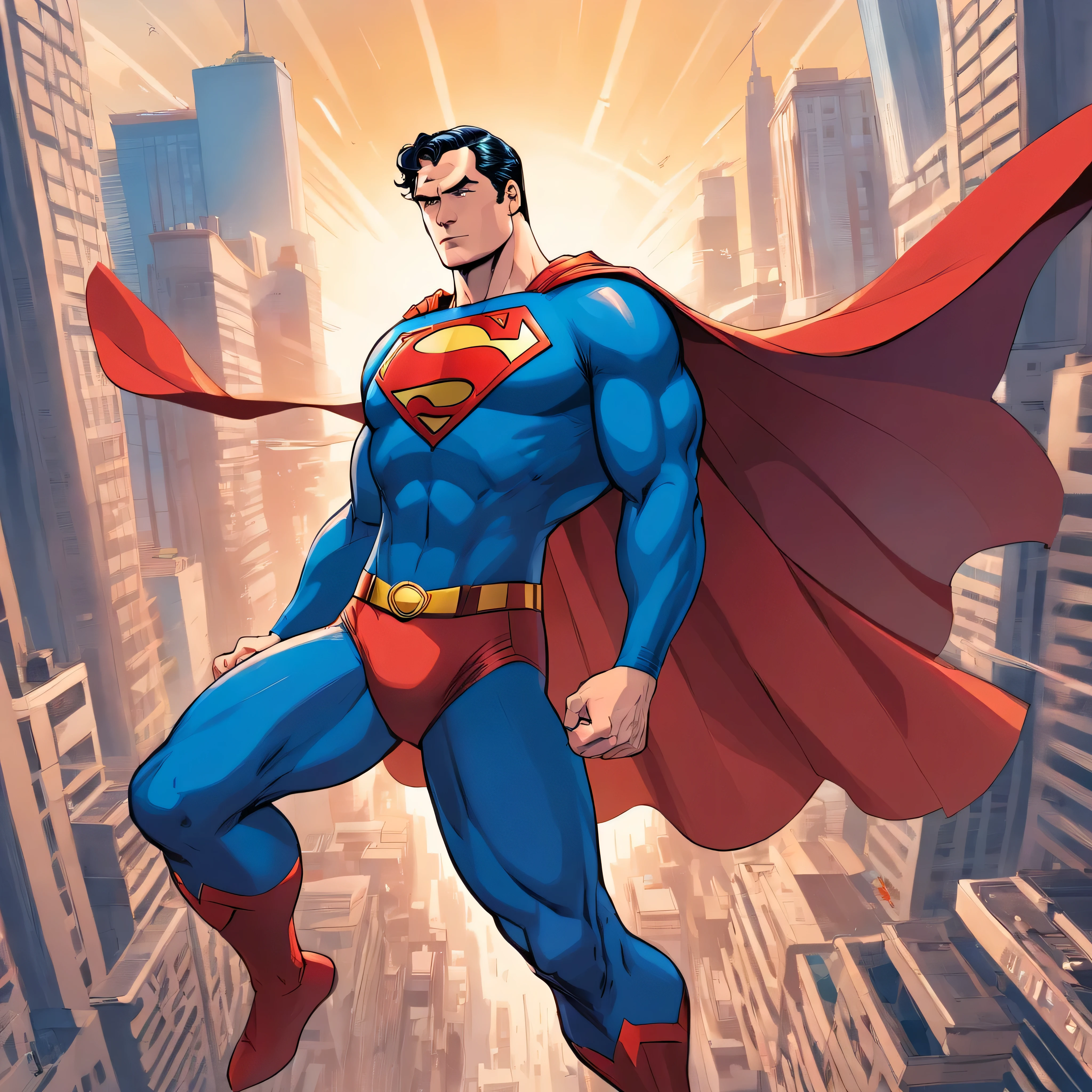 one muscle, Powerful Superman fighting Doomsday in a dynamic flying pose, with a confident and determined expression on his face. His iconic red and blue superhero costume is highly detailed, mostrando as texturas e contornos do tecido. As cores vibrantes do traje, including the bright red cloak that flows behind him, Crie um impacto visual impressionante. The symbol of the House of Him, the iconic Superman emblem, is prominently displayed on his chest.
The work has a medium of comic book illustration, capturing the essence of the beloved DC Comics character. The lines and shading are crisp and clean, giving the image a dynamic and energetic feel. It combines elements of traditional hand-drawn artworks with digital coloring techniques, resulting in a visually stunning piece.
Enquanto Superman assume o centro do palco, the background features the iconic skyline of Metropolis with its towering skyscrapers, todos banhados pela luz quente do sol. The buildings are highly detailed, featuring a blend of contemporary architecture and the classic art deco style that is synonymous with the world of Superman.
The lighting in the artwork is dramatic, with sunlight casting strong shadows on Superman's muscular physique, emphasizing their strength and power. Using highlights and shadows adds depth and dimension to the image, Bringing it to life.
The color palette of the work is rich and vibrant, with bold primary colors dominating the scene. O vermelho e o azul do traje do Superman se destacam contra os tons quentes da paisagem urbana, criando um contraste visualmente cativante.
Geral, This work is of the best quality, with ultra-detailed, realistic rendering. Every muscle and line in Superman's body is meticulously portrayed, highlighting his physical prowess and superhero status. Attention to detail creates a sense of realism, fazendo com que o espectador se sinta como se estivesse testemunhando o voo do Superman pessoalmente.
This prompt is suitable for