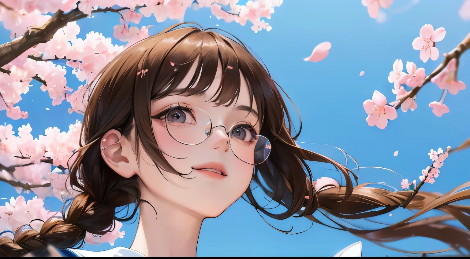 (((one girl)))、((View from below))、Masterpiece,best quality, ((Looking up at the cherry blossoms in bud))), determined expression, Glasses、((shy smile))、sailor suit、upper body diagram
(highest resolution、clear_image)、best quality、contrast of light and shadow、((illumination))、very detailed、semi-realistic、braided hairstyle、brown hair、bangs、15 years old、office Lady,,young、((View from the front))、delicate facial features facial features、
