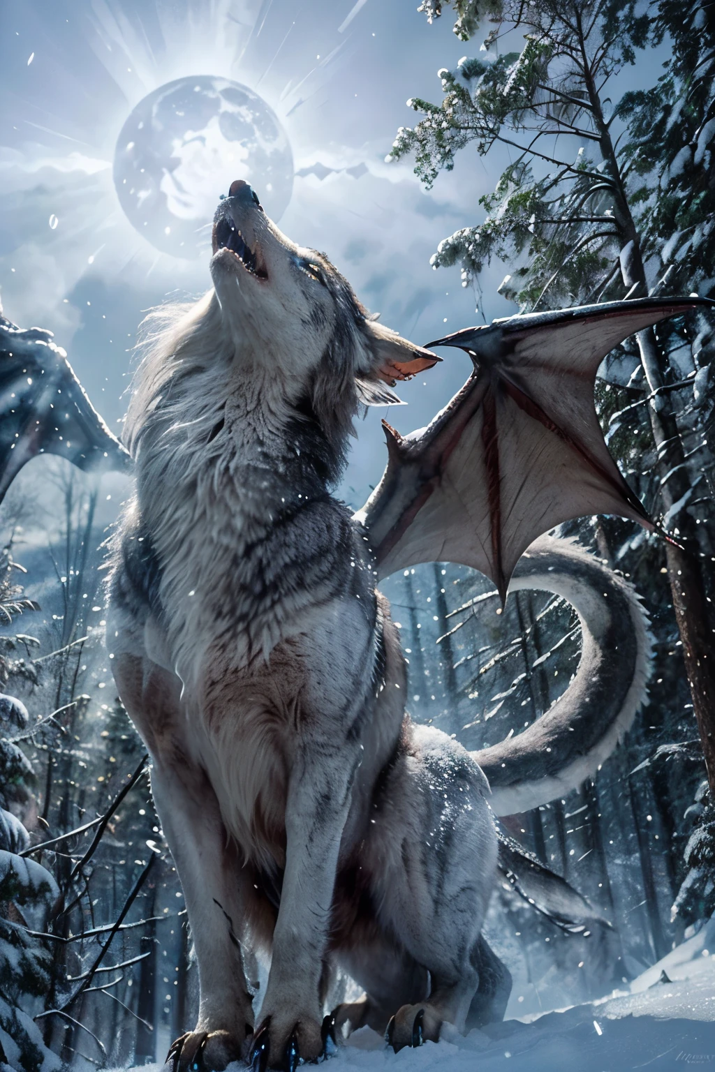 (a fusion of wolf and dragon, snow-covered forest, majestic creature, piercing eyes, scaled wings, long snout, powerful claws, ferocious yet wise, towering presence, mystical aura, magical atmosphere, epic landscape, icy cold, serene silence, tall trees covered in snow, sparkling snowflakes falling, moonlight casting a soft glow, mysterious shadows, misty breath, winter wonderland, mythical creature, untamed spirit, mythical fusion:1.1)