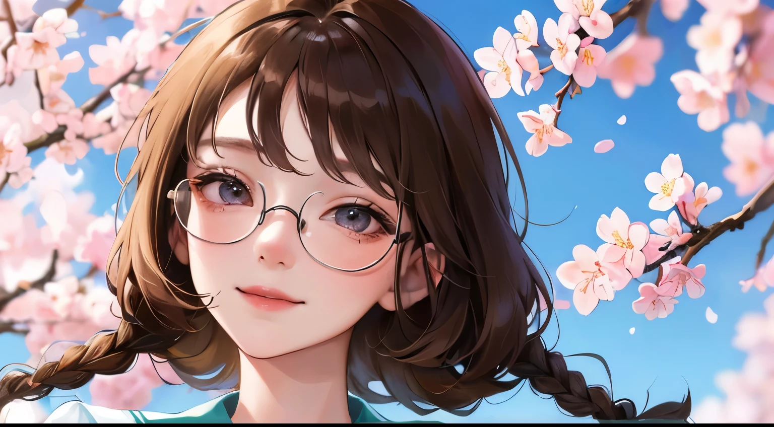 (((one girl)))、((View from below))、Masterpiece,best quality,  ((Looking up at the cherry blossoms in bud))), determined expression, Glasses、((shy smile))、sailor suit、upper body diagram
(highest resolution、clear_image)、best quality、contrast of light and shadow、((illumination))、very detailed、semi-realistic、braided hairstyle、brown hair、bangs、15 years old、office　Lady,,young、((View from the front))、delicate facial features facial features、