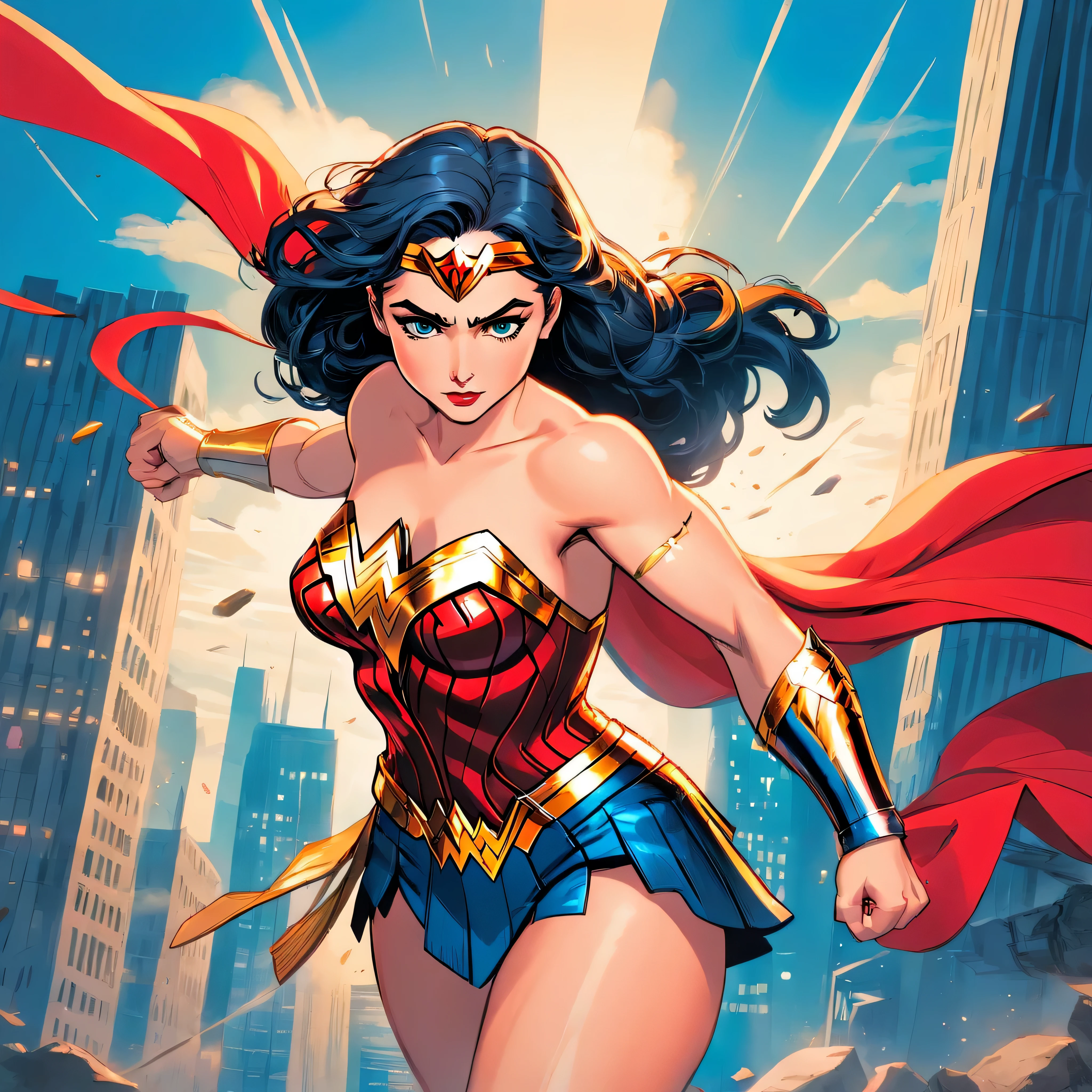 one very muscular, Powerful Wonder Woman in a dynamic flying pose, with a confident and determined expression on his face. Her iconic superhero costume is highly detailed, mostrando as texturas e contornos do tecido. As cores vibrantes do traje, including the bright red cloak that flows behind him, Crie um impacto visual impressionante.
The work has a medium of comic book illustration, capturing the essence of the beloved DC Comics character. The lines and shading are crisp and clean, giving the image a dynamic and energetic feel. It combines elements of traditional hand-drawn artworks with digital coloring techniques, resulting in a visually stunning piece.
Enquanto Wonder Woman assume o centro do palco, the background features the iconic skyline of Metropolis with its towering skyscrapers, todos banhados pela luz quente do sol. The buildings are highly detailed, featuring a blend of contemporary architecture and the classic art deco style that is synonymous with the world of Wonder Woman.
The lighting in the artwork is dramatic, with sunlight casting strong shadows on Wonder Woman's muscular physique, emphasizing their strength and power. Using highlights and shadows adds depth and dimension to the image, Bringing it to life.
The color palette of the work is rich and vibrant, with bold primary colors dominating the scene. O vermelho e o azul do traje do Wonder Woman se destacam contra os tons quentes da paisagem urbana, criando um contraste visualmente cativante.
Geral, This work is of the best quality, with ultra-detailed, realistic rendering. Every muscle and line in Wonder Woman's body is meticulously portrayed, highlighting his physical prowess and superhero status. Attention to detail creates a sense of realism, fazendo com que o espectador se sinta como se estivesse testemunhando o voo do Wonder Woman pessoalmente.
This prompt is suitable for
